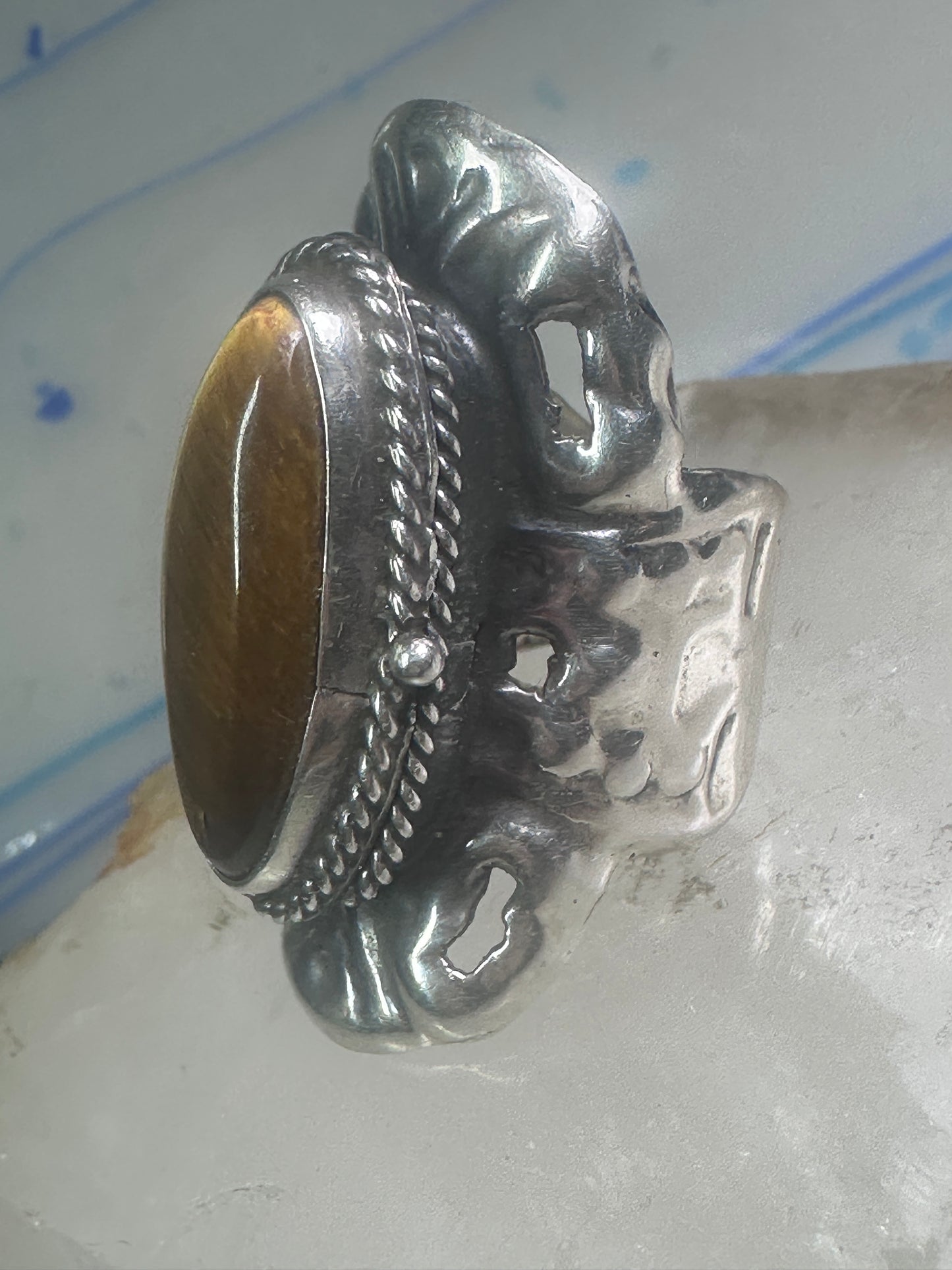 Poison ring long Tiger Eye Taxco Mexico size 7 adj sterling silver women