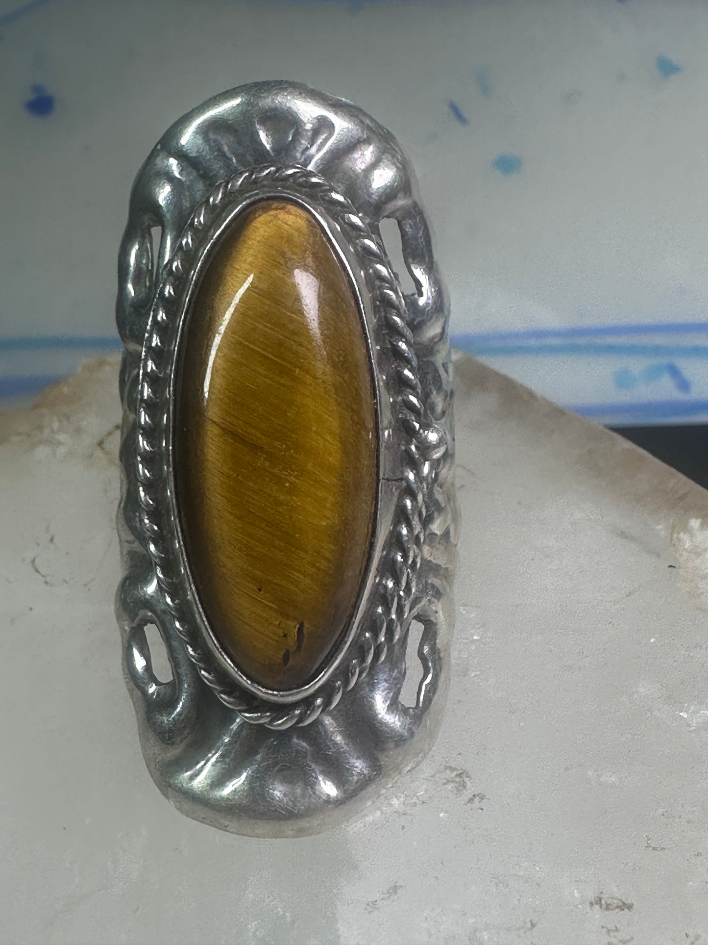 Poison ring long Tiger Eye Taxco Mexico size 7 adj sterling silver women
