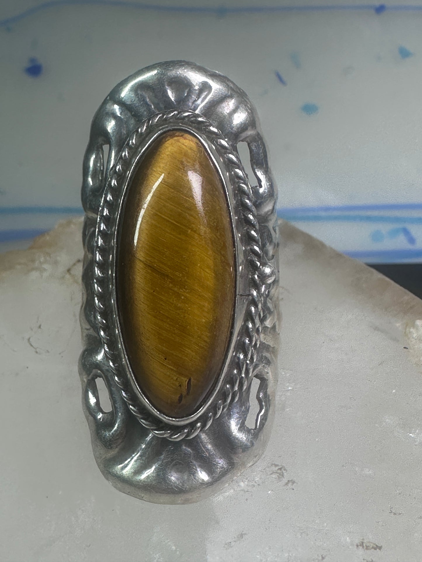 Poison ring long Tiger Eye Taxco Mexico size 7 adj sterling silver women