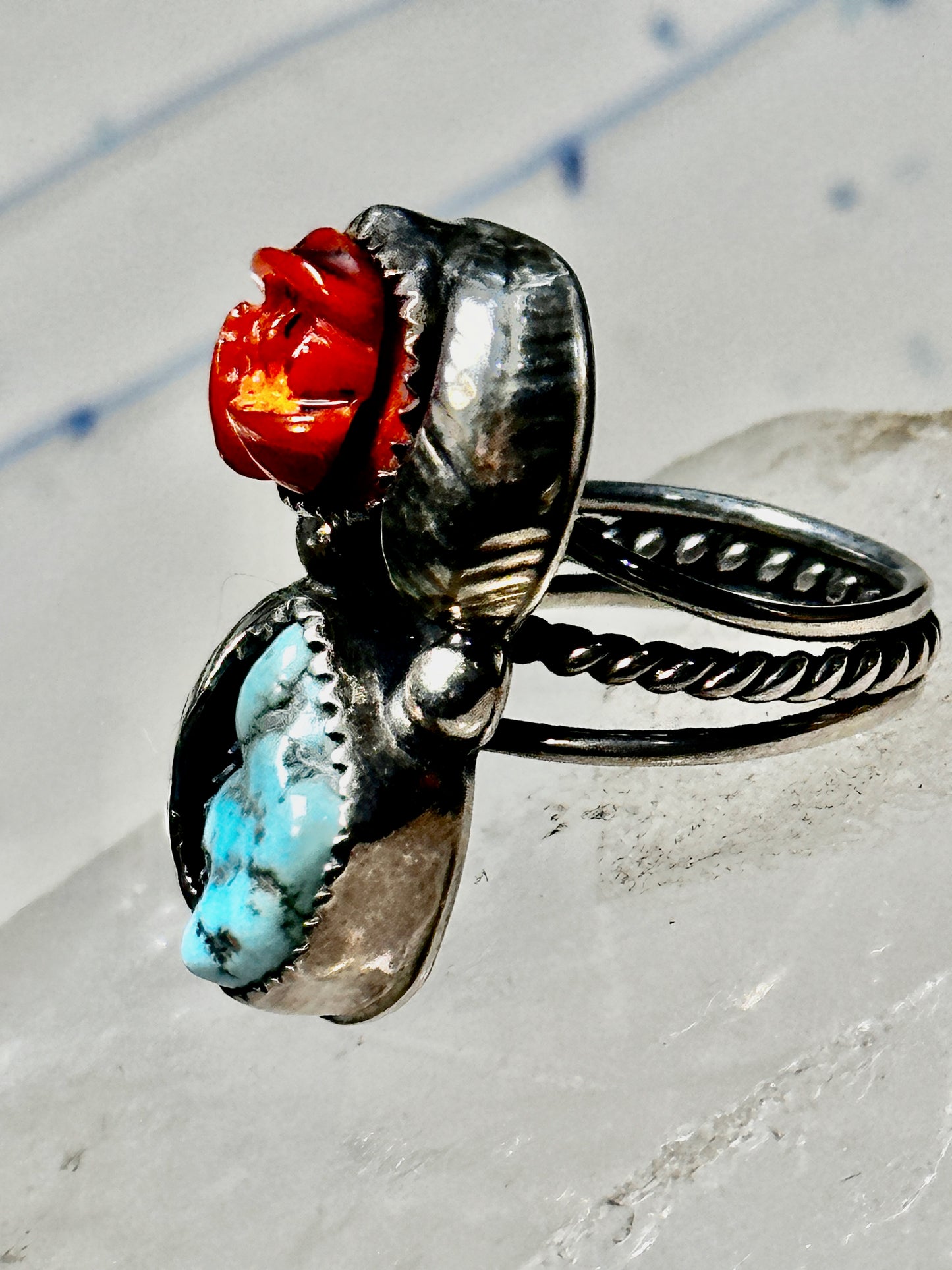 Turquoise ring coral rose Navajo leaves size 6.75 sterling silver women