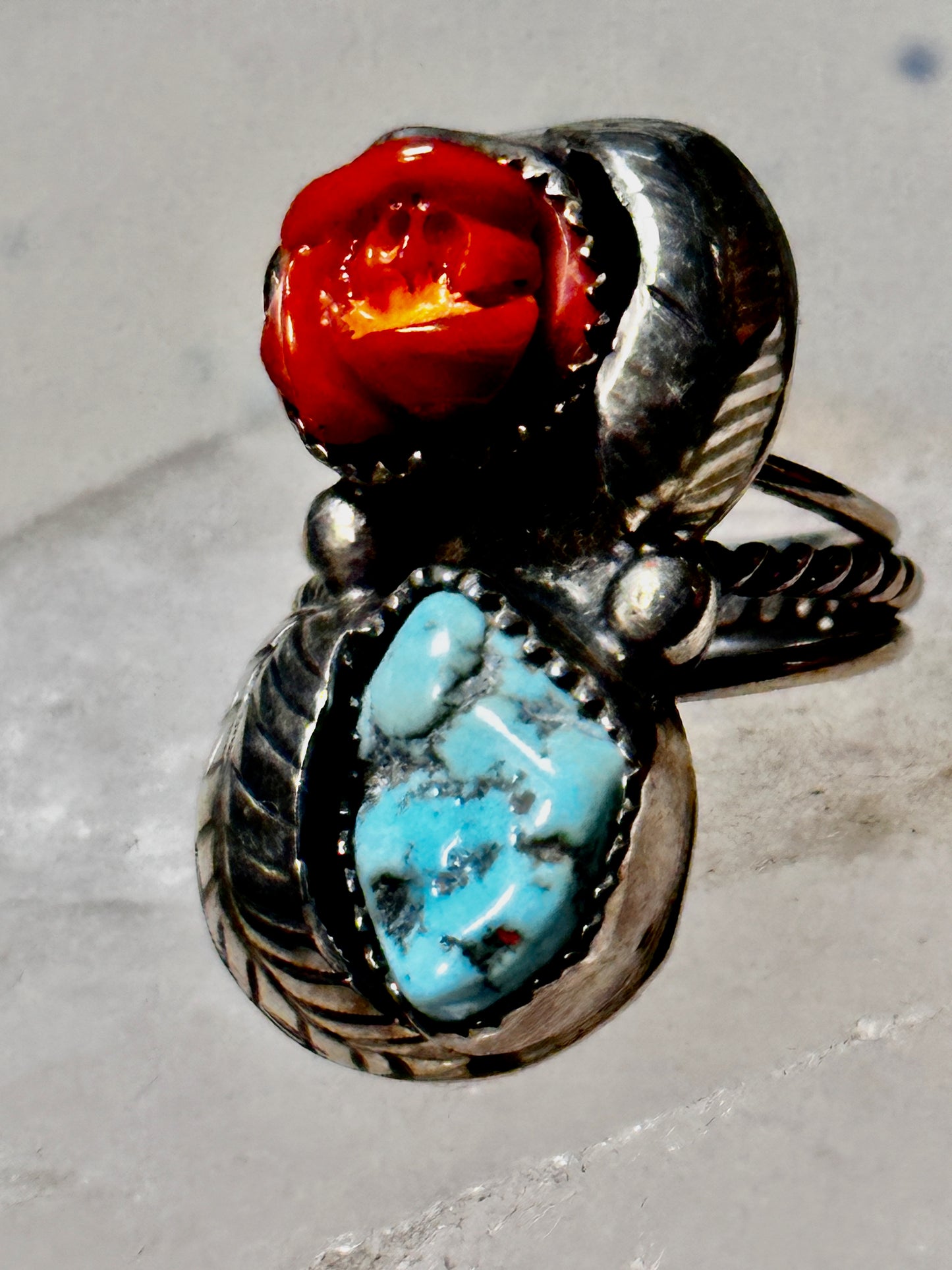 Turquoise ring coral rose Navajo leaves size 6.75 sterling silver women