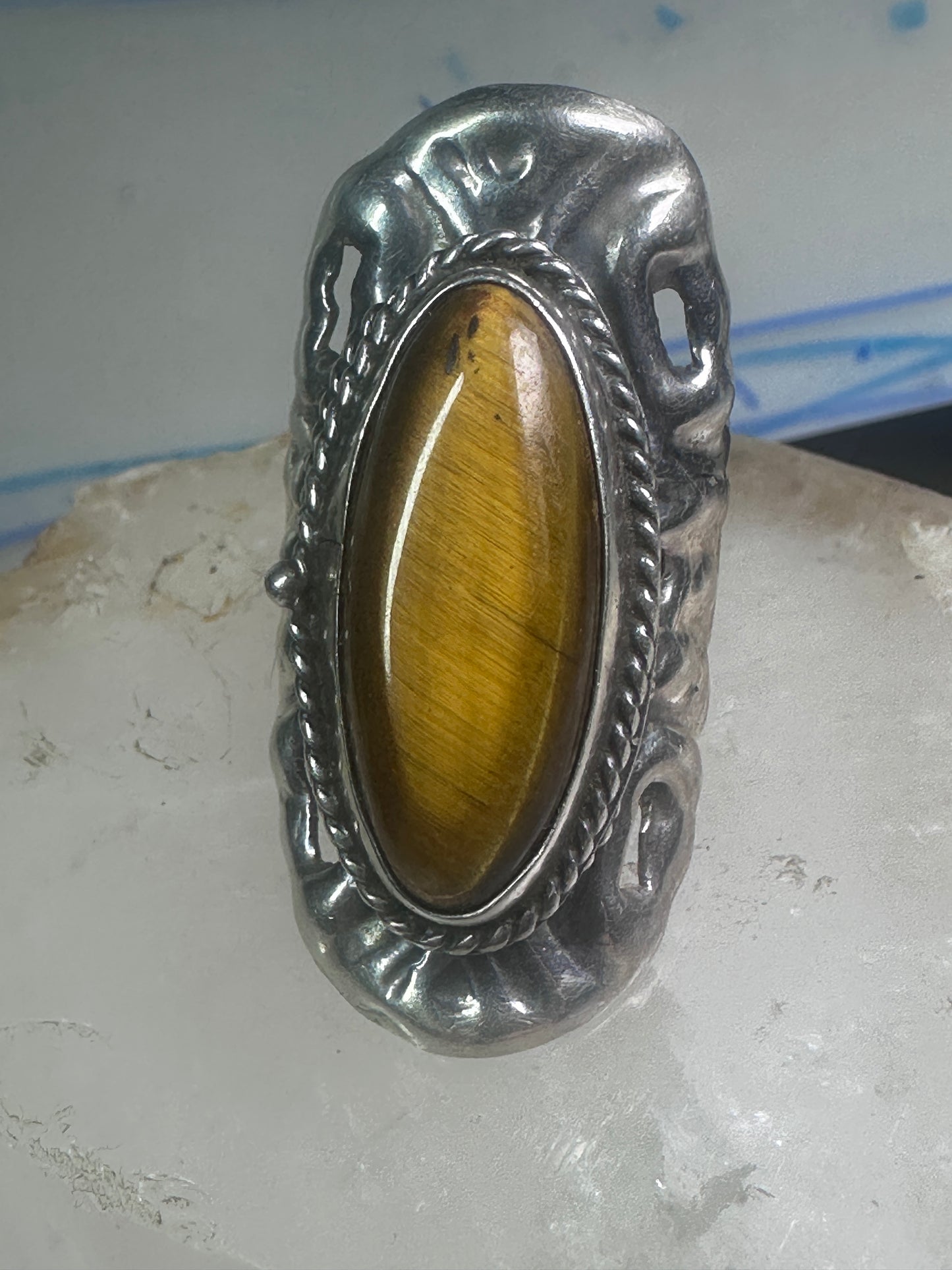 Poison ring long Tiger Eye Taxco Mexico size 7 adj sterling silver women