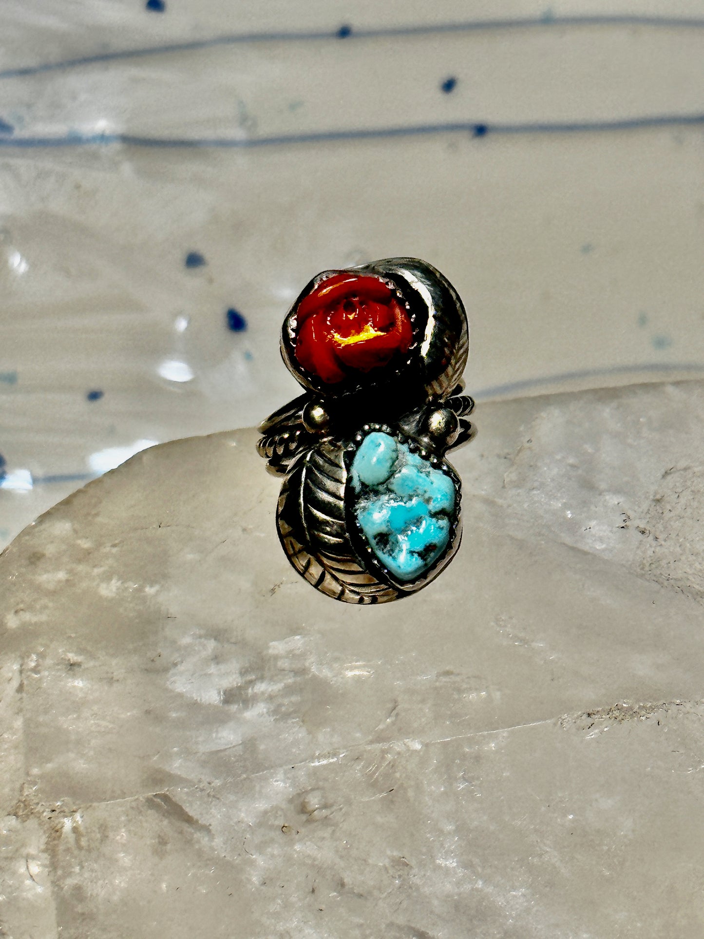 Turquoise ring coral rose Navajo leaves size 6.75 sterling silver women