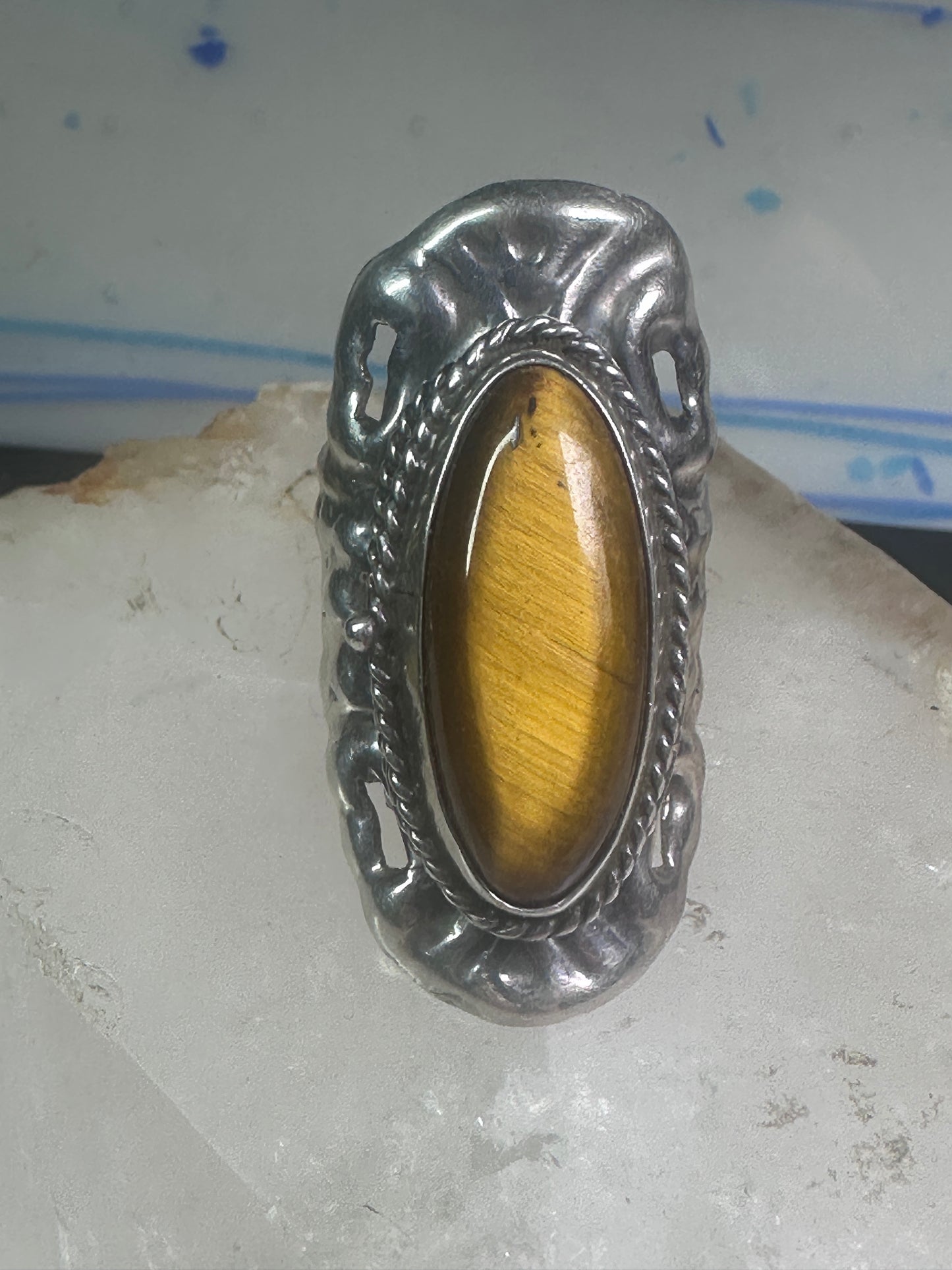 Poison ring long Tiger Eye Taxco Mexico size 7 adj sterling silver women