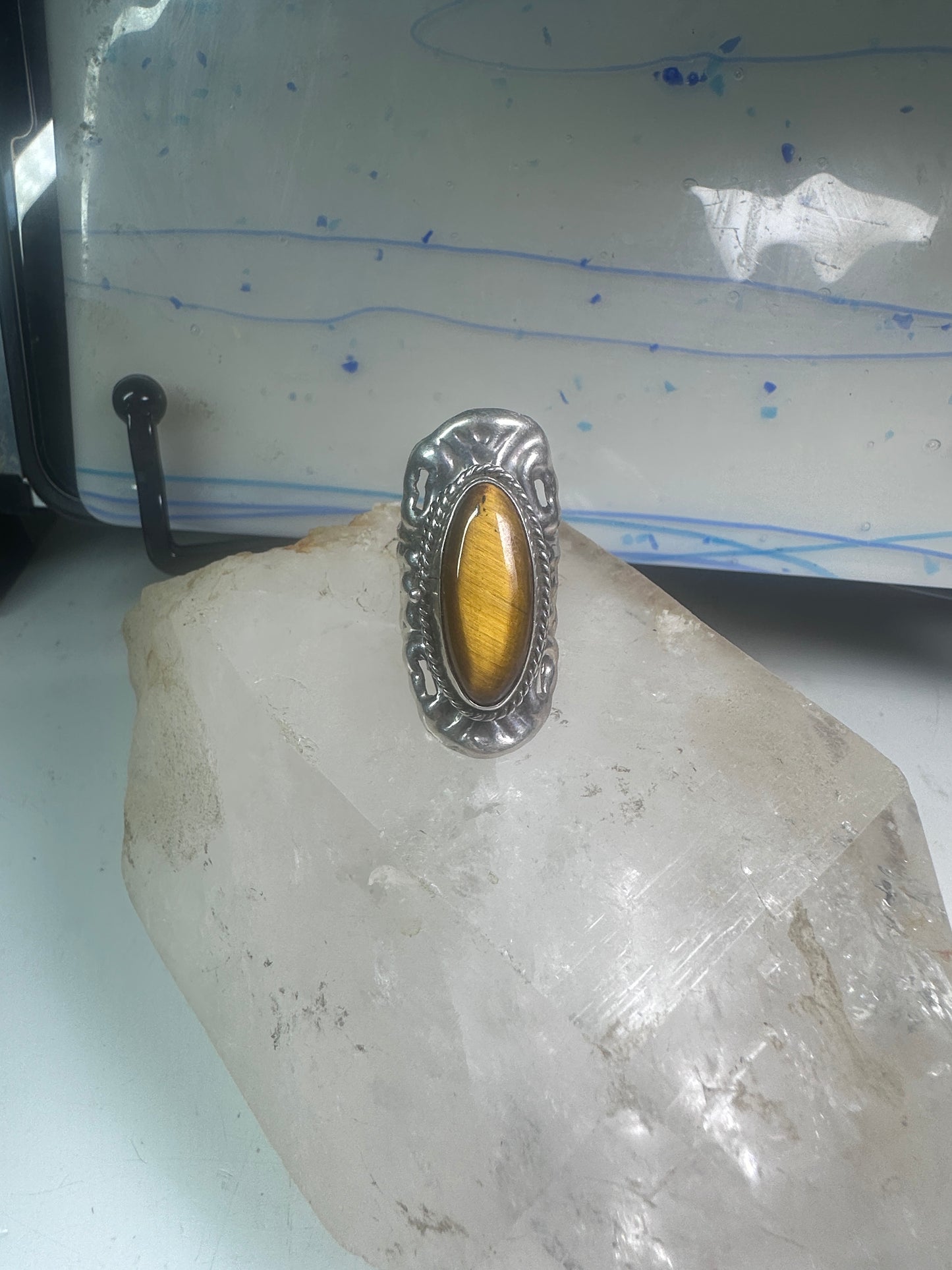 Poison ring long Tiger Eye Taxco Mexico size 7 adj sterling silver women