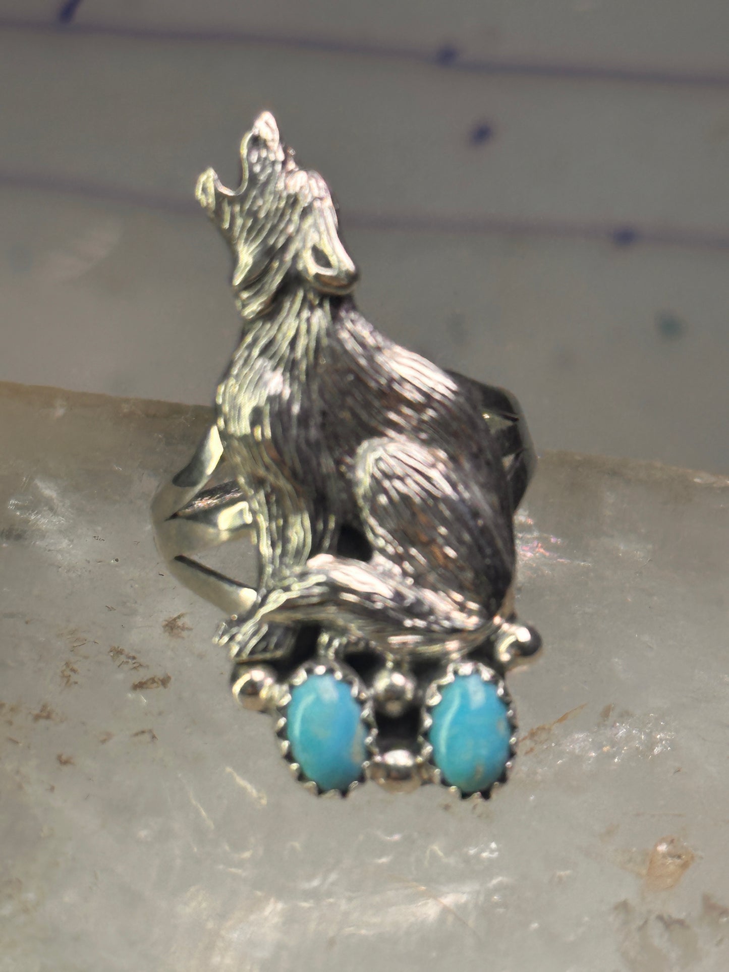 Navajo wolf Ring turquoise band size 8 sterling silver men women