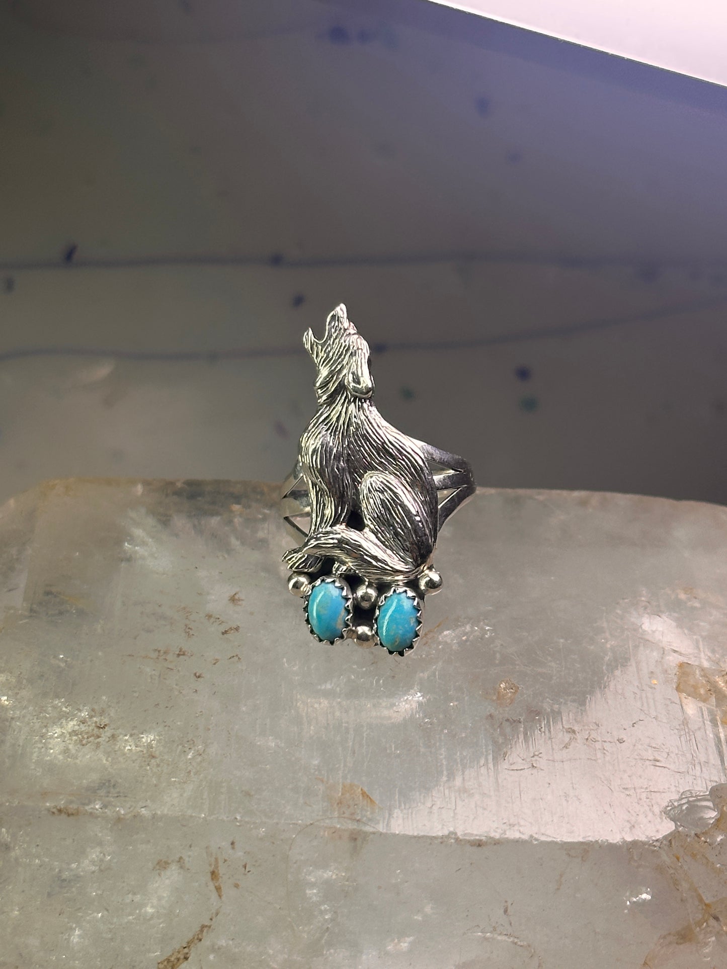 Navajo wolf Ring turquoise band size 8 sterling silver men women