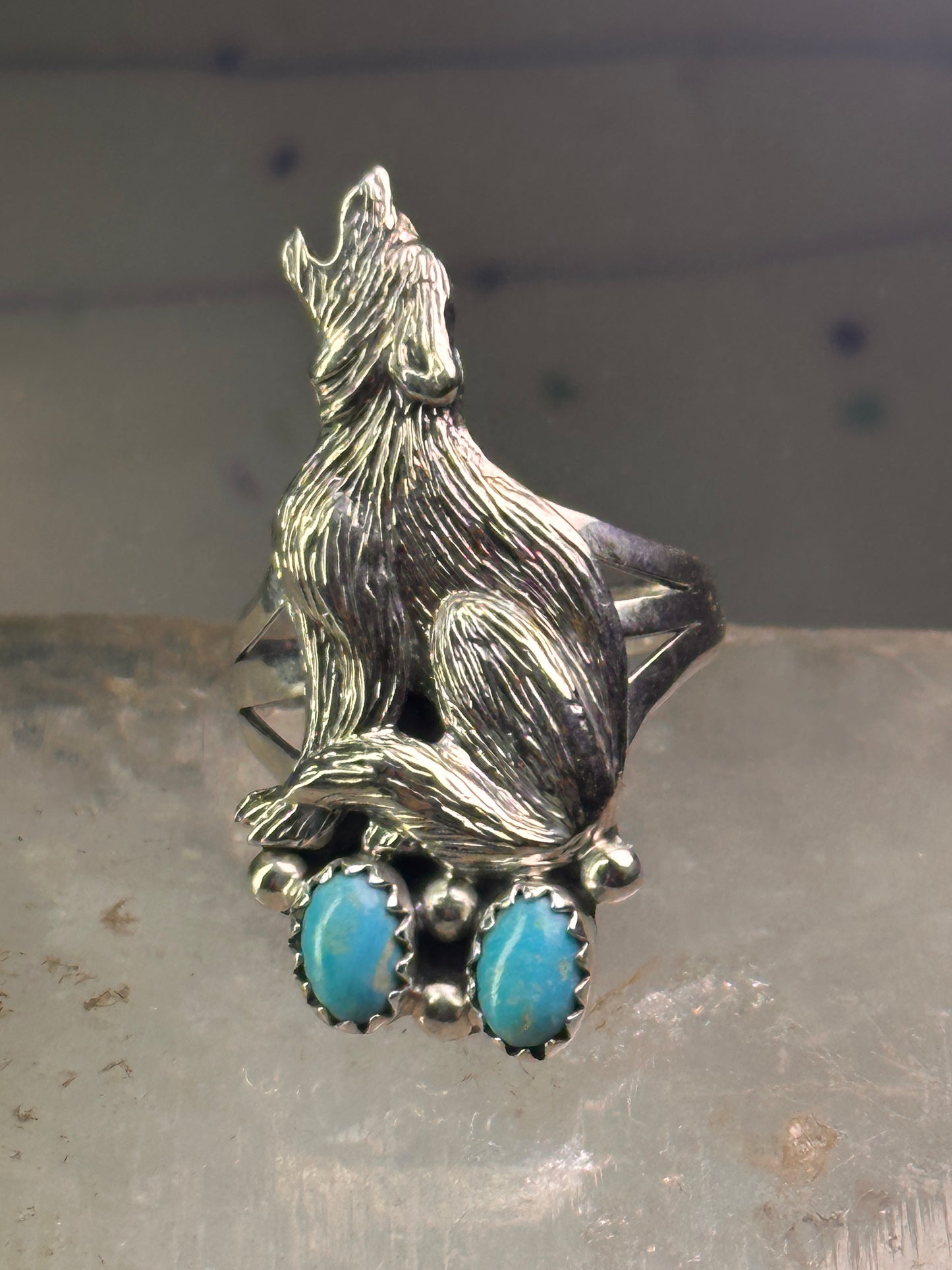 Navajo wolf Ring turquoise band size 8 sterling silver men women