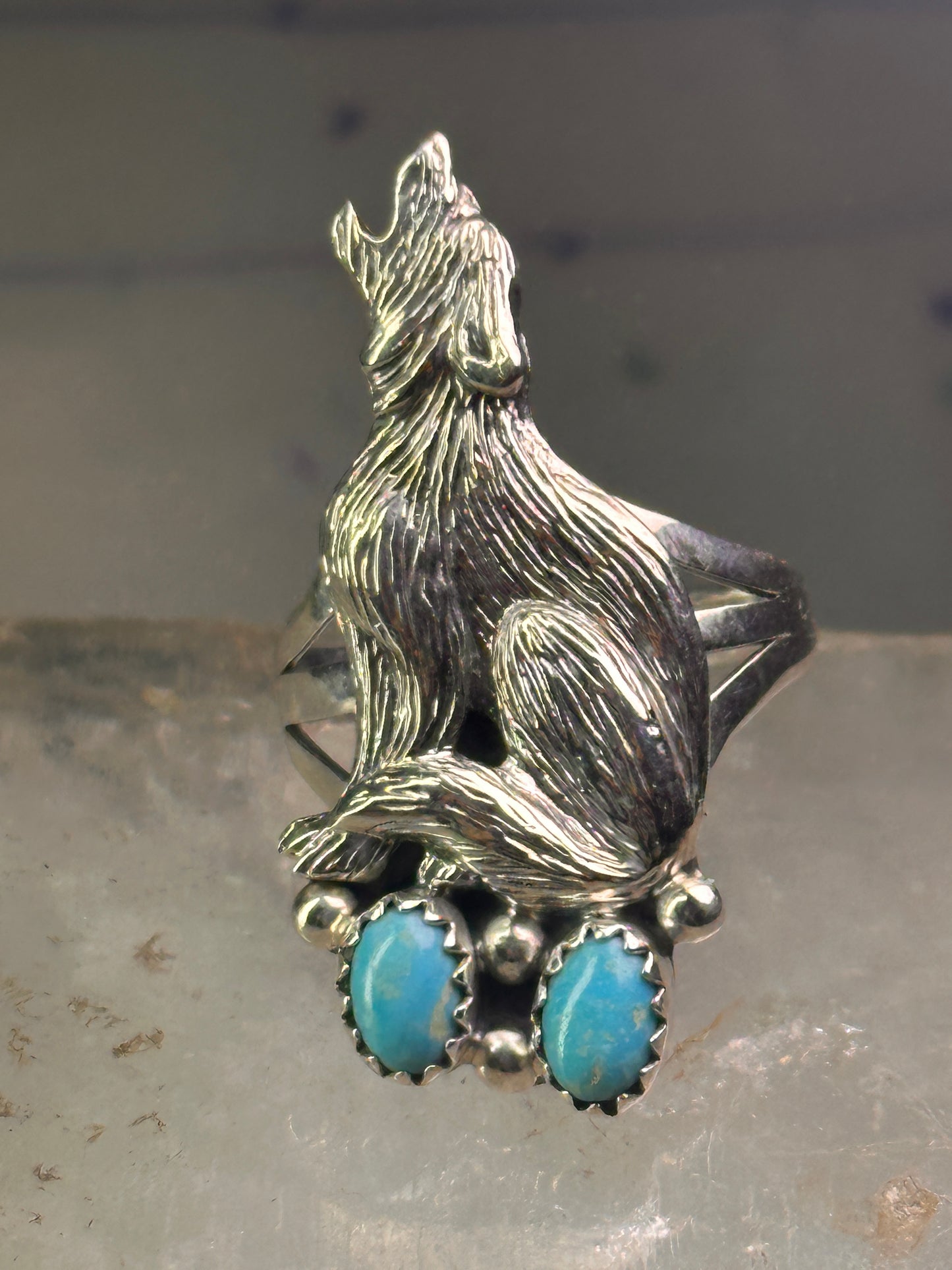 Navajo wolf Ring turquoise band size 8 sterling silver men women