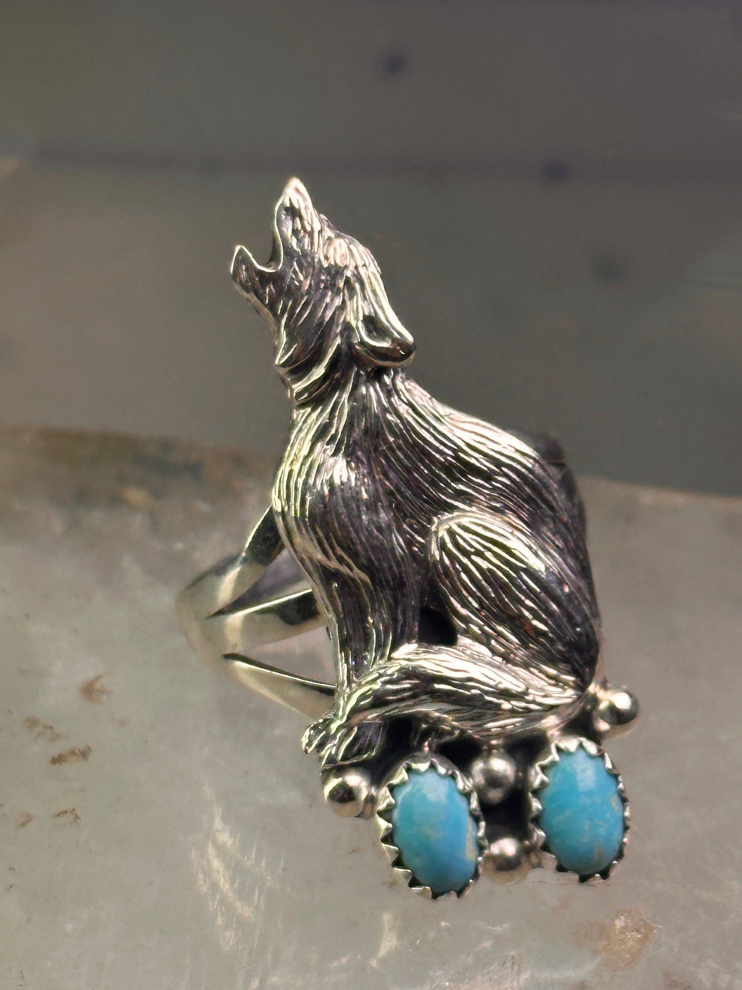 Navajo wolf Ring turquoise band size 8 sterling silver men women