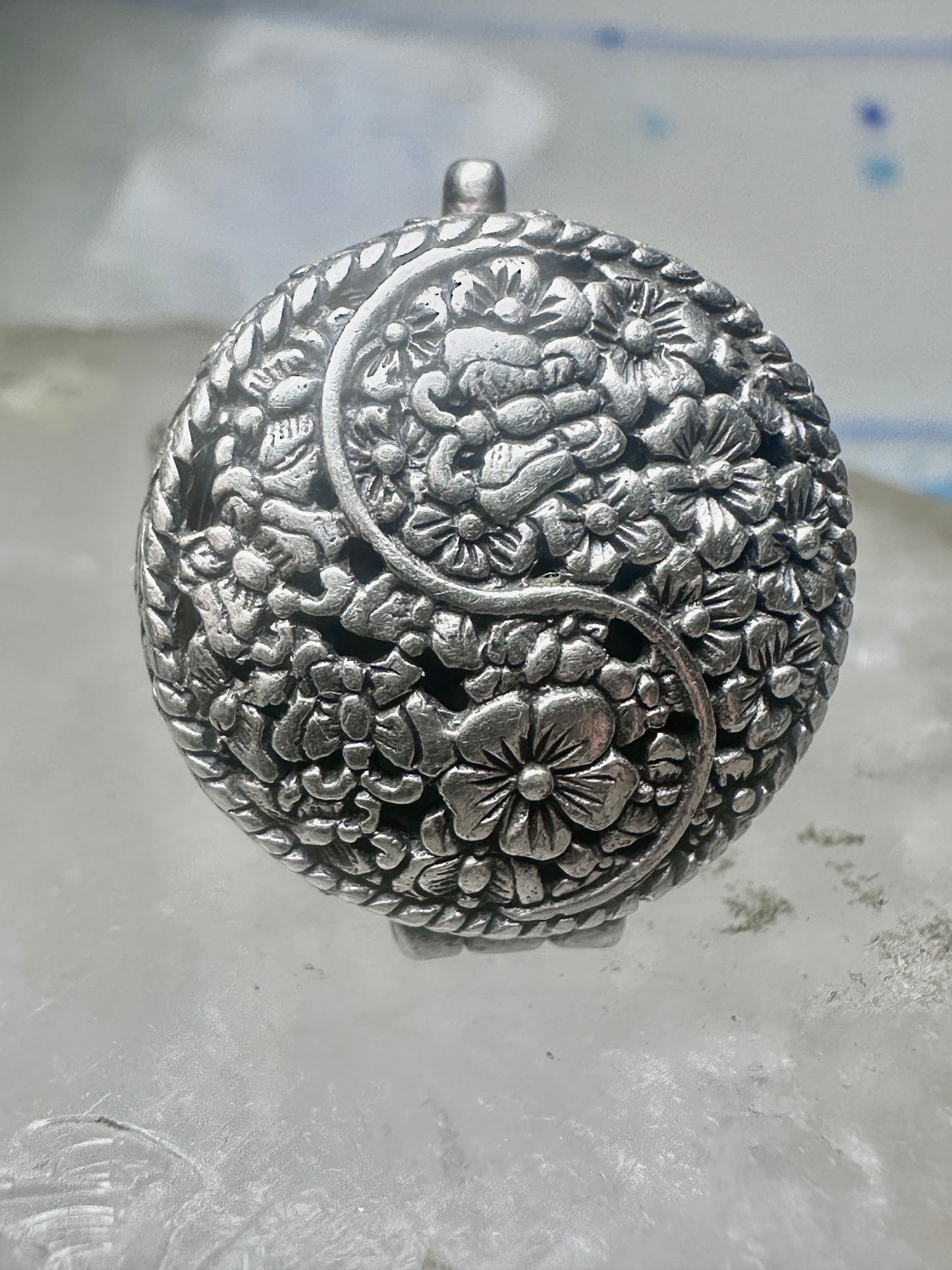Poison ring Yin Yang Flowers floral size 7 adj sterling silver women