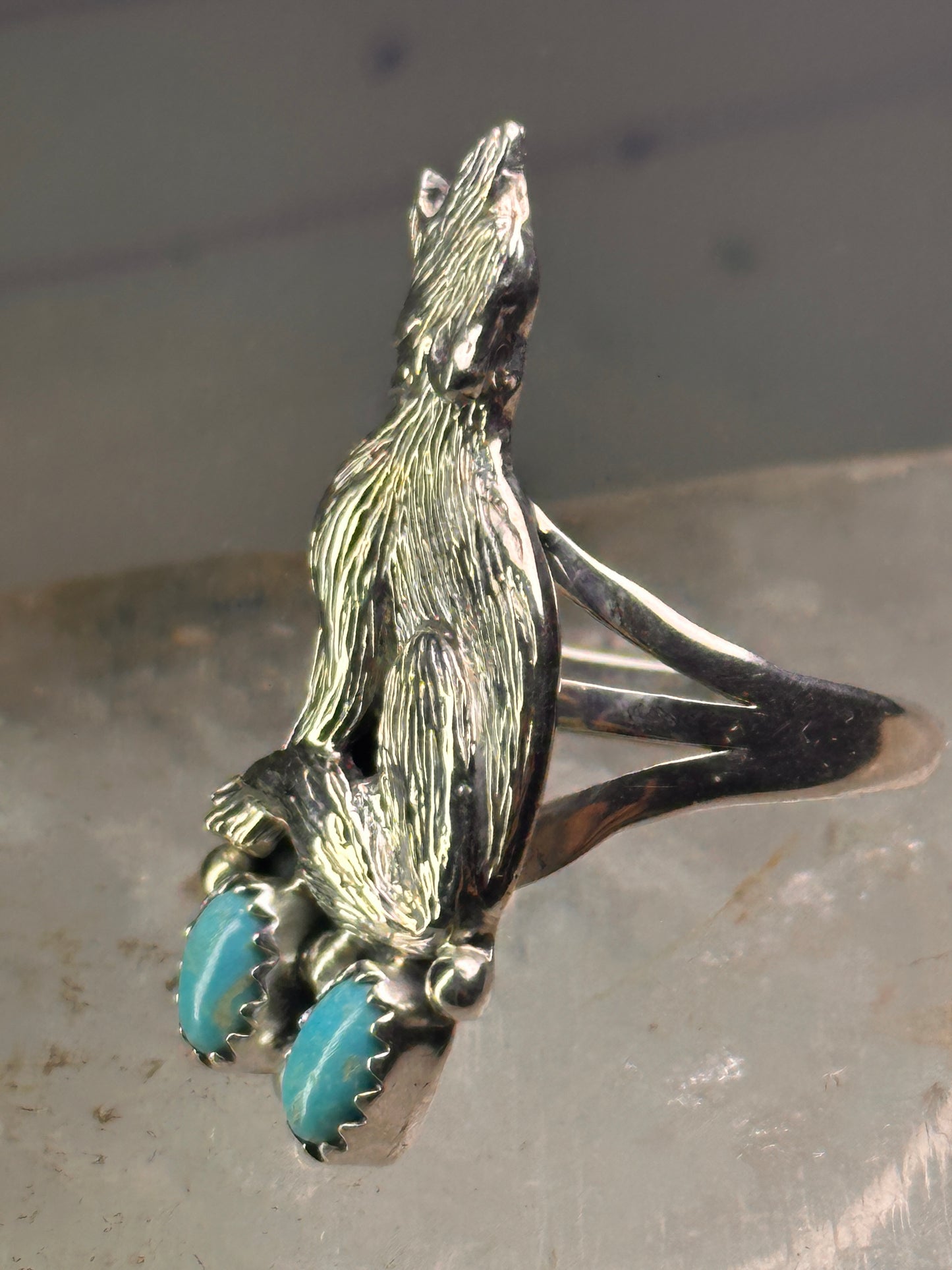 Navajo wolf Ring turquoise band size 8 sterling silver men women