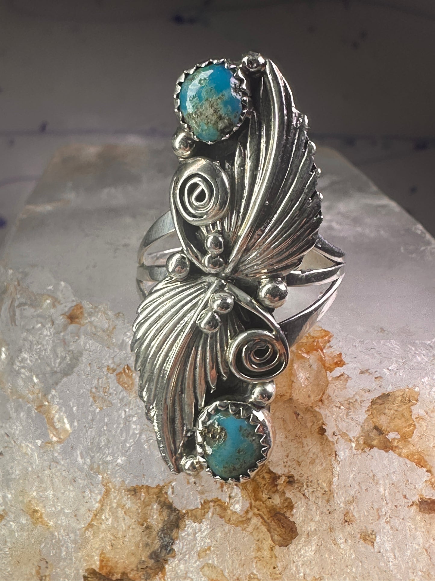 Navajo long ring turquoise squash blossom feathers leaves size 9.75 sterling silver girls women