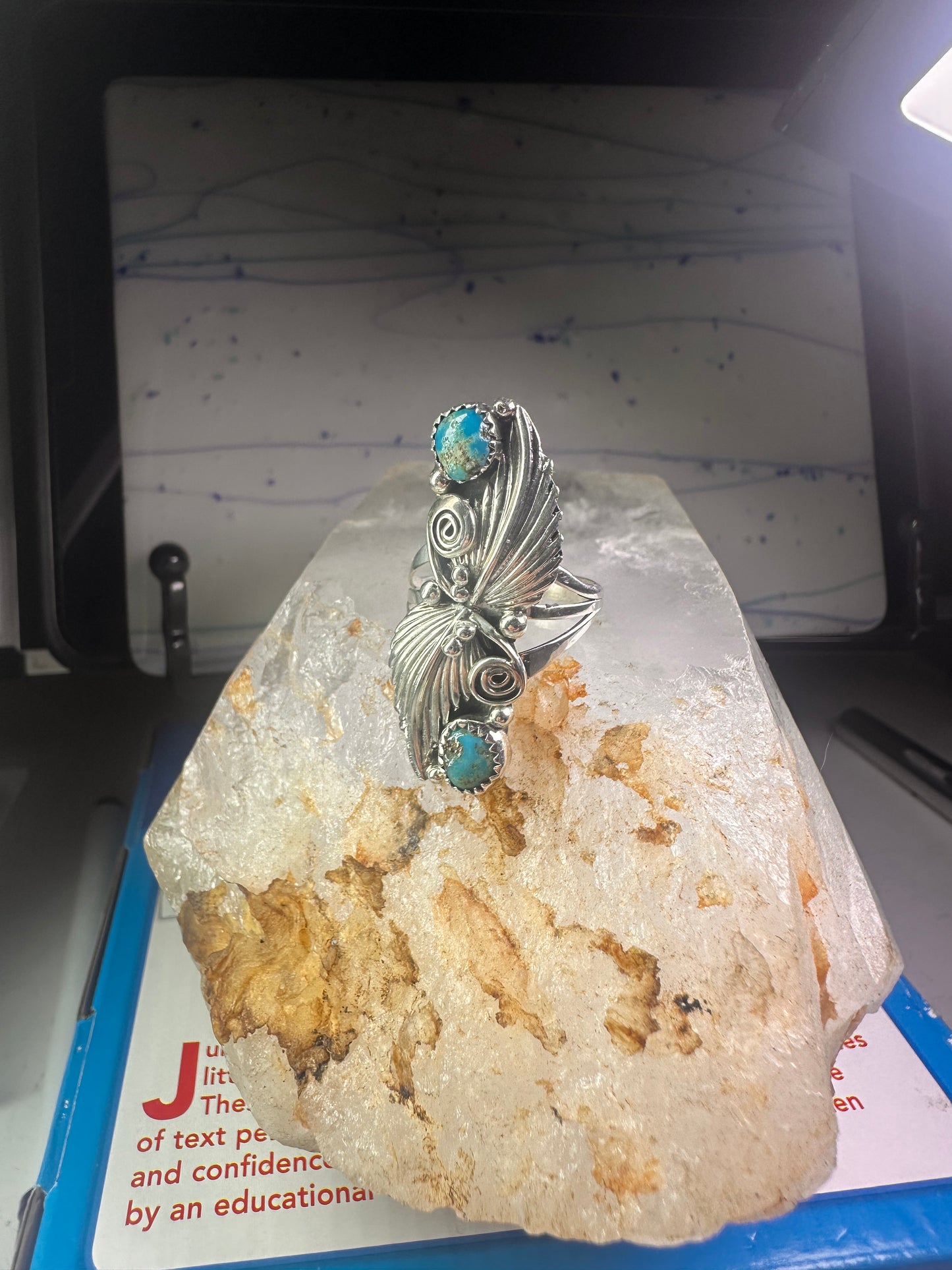 Navajo long ring turquoise squash blossom feathers leaves size 9.75 sterling silver girls women