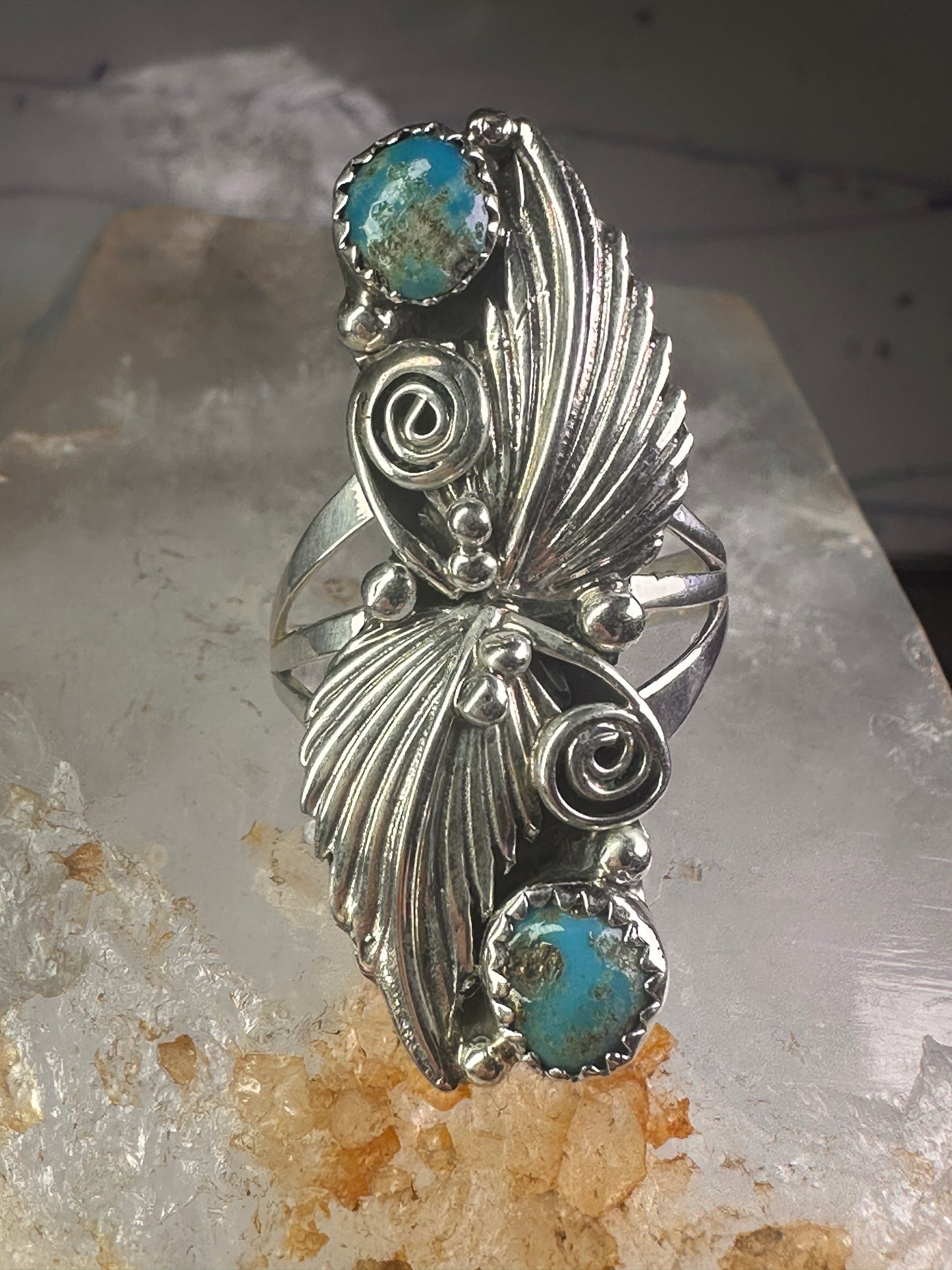 Navajo long ring turquoise squash blossom feathers leaves size 9.75 sterling silver girls women