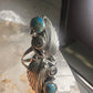 Navajo long ring turquoise squash blossom feathers leaves size 9.75 sterling silver girls women