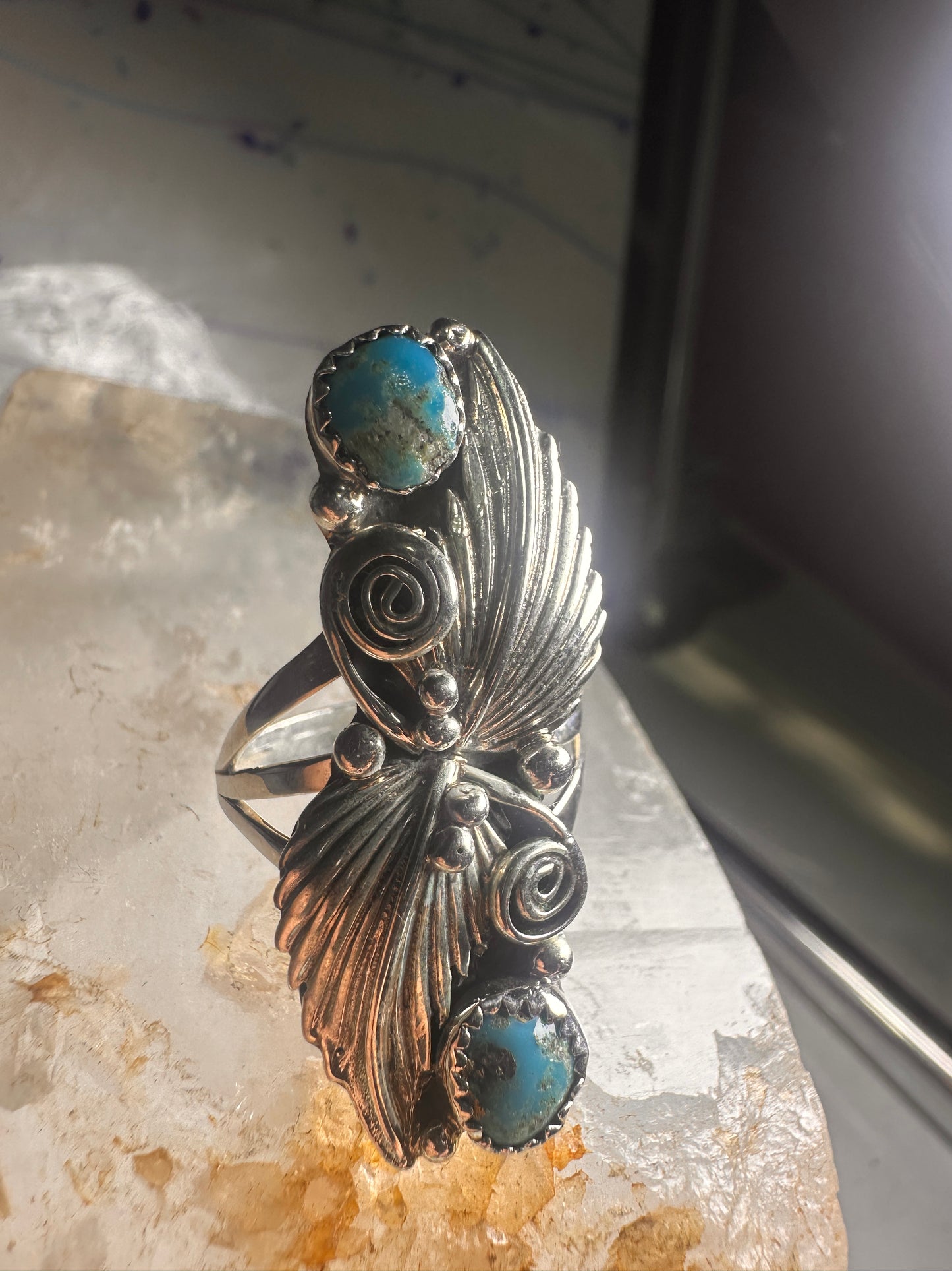 Navajo long ring turquoise squash blossom feathers leaves size 9.75 sterling silver girls women