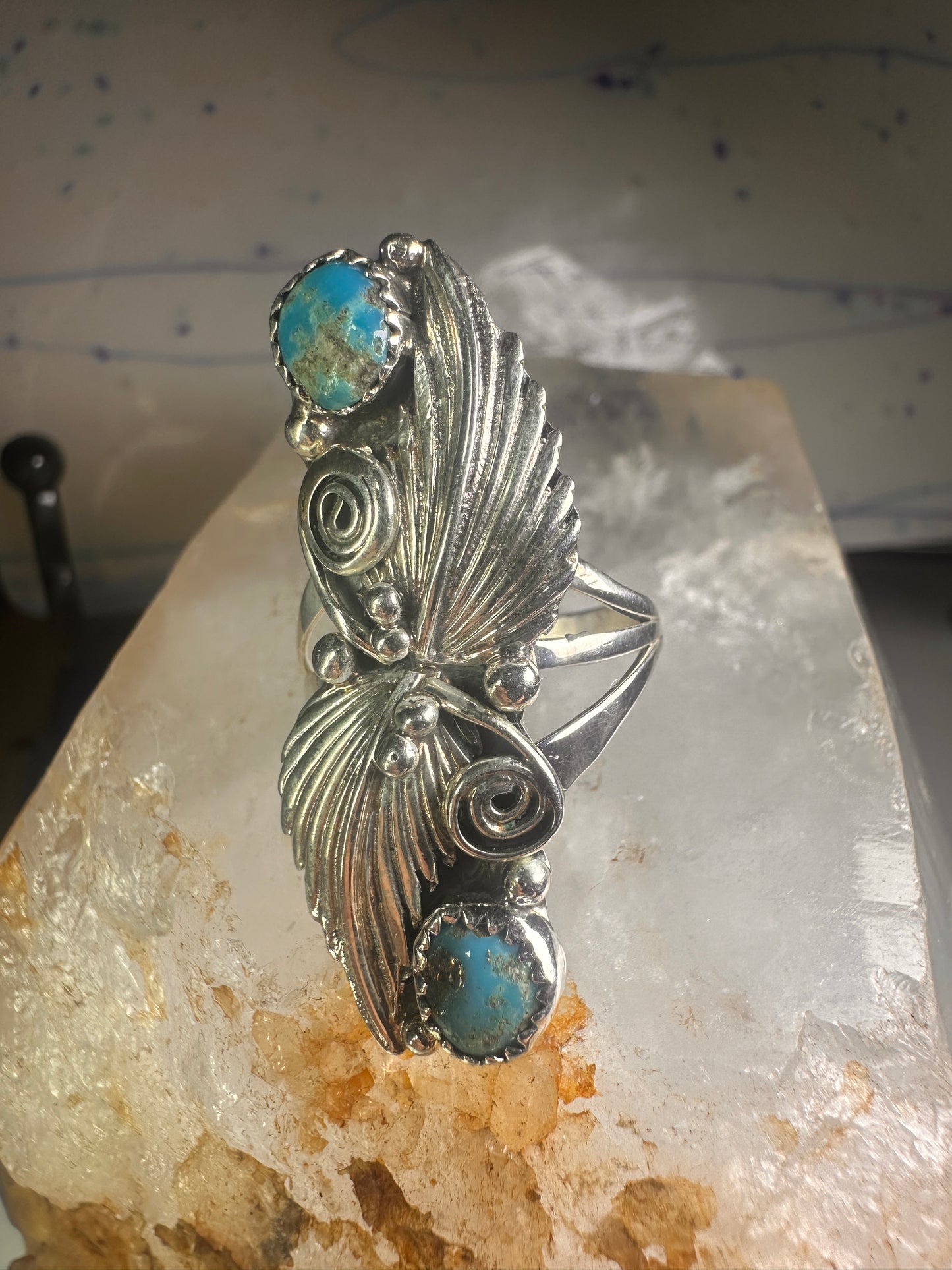 Navajo long ring turquoise squash blossom feathers leaves size 9.75 sterling silver girls women