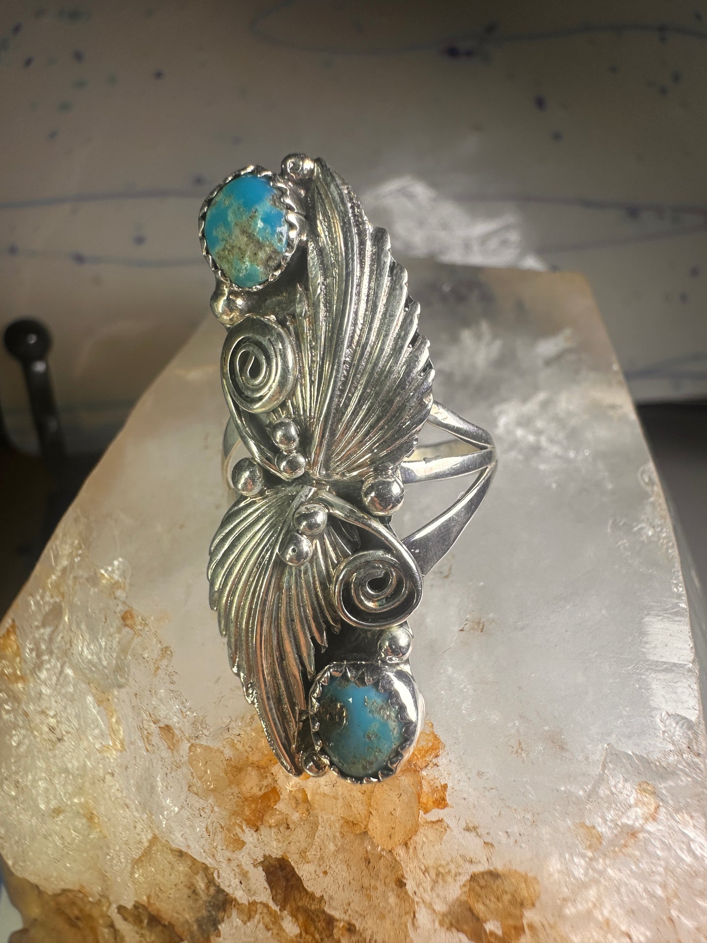 Navajo long ring turquoise squash blossom feathers leaves size 9.75 sterling silver girls women