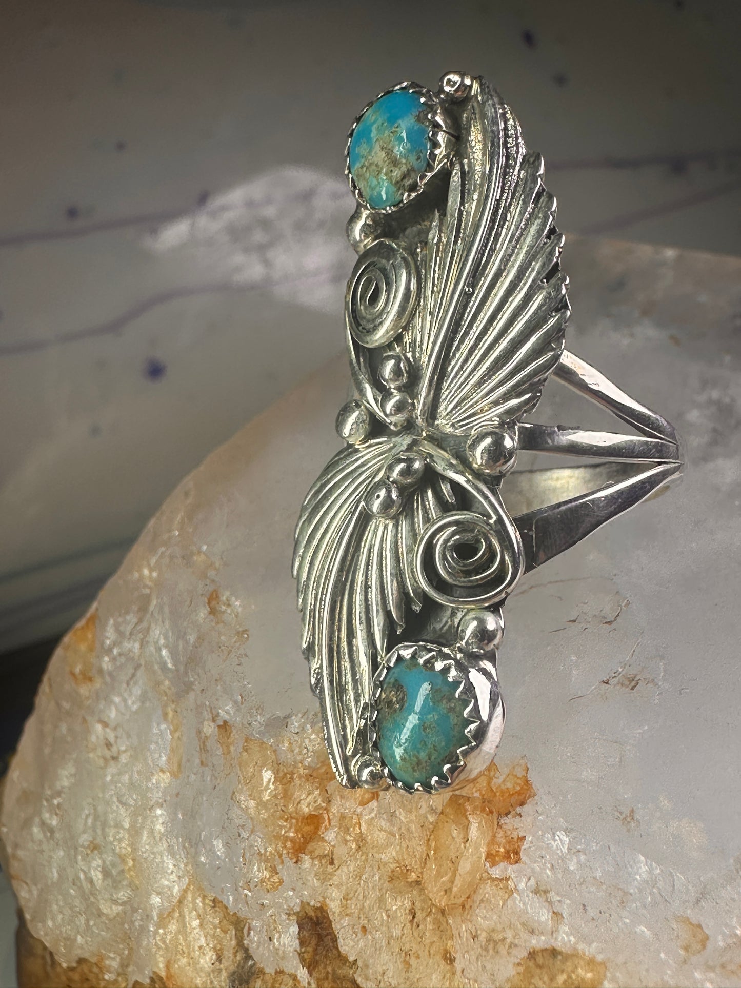 Navajo long ring turquoise squash blossom feathers leaves size 9.75 sterling silver girls women