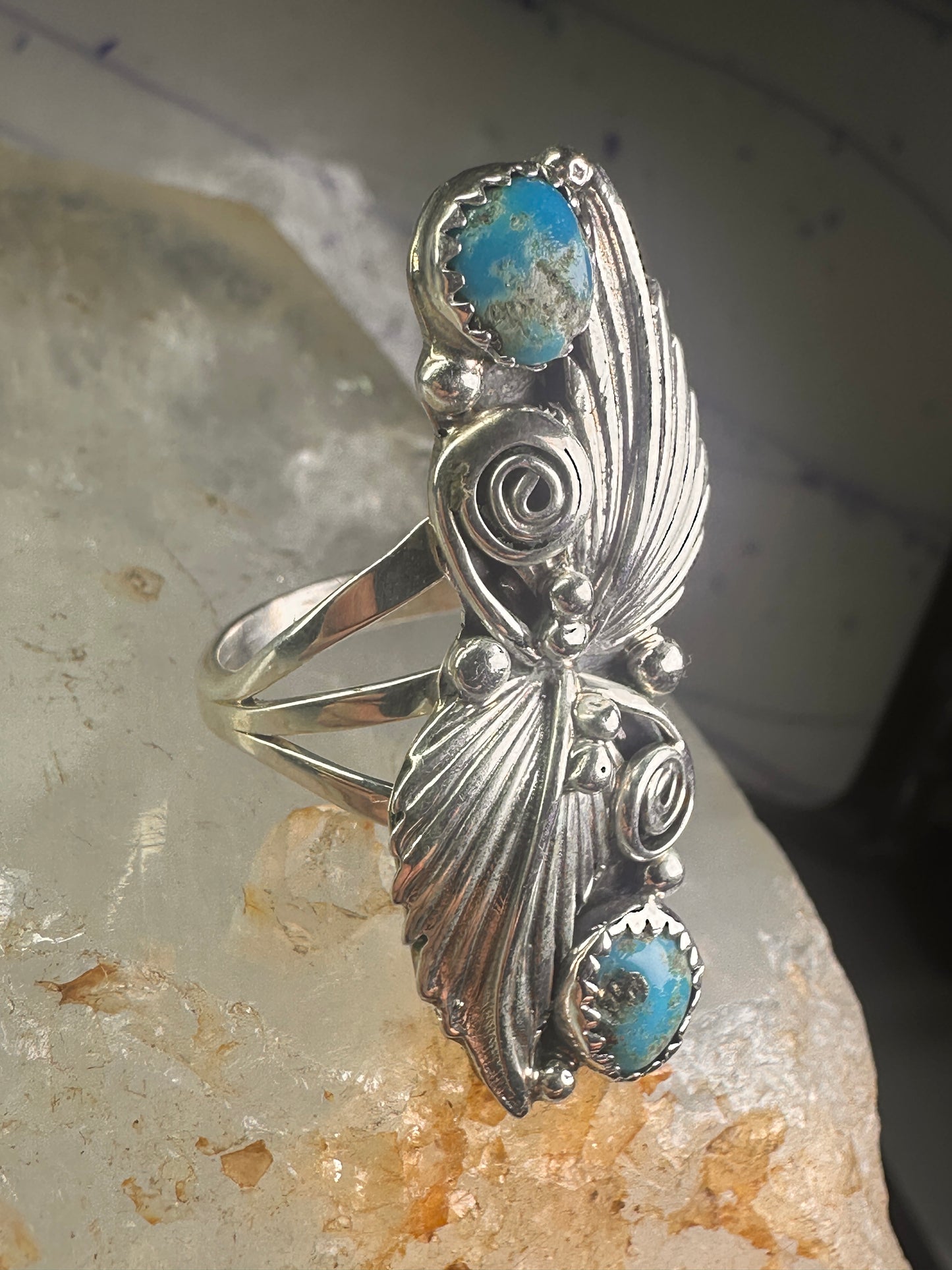 Navajo long ring turquoise squash blossom feathers leaves size 9.75 sterling silver girls women
