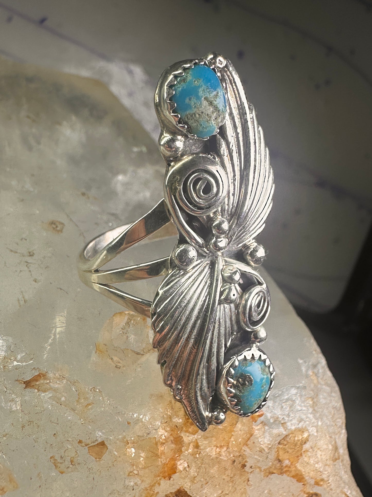 Navajo long ring turquoise squash blossom feathers leaves size 9.75 sterling silver girls women