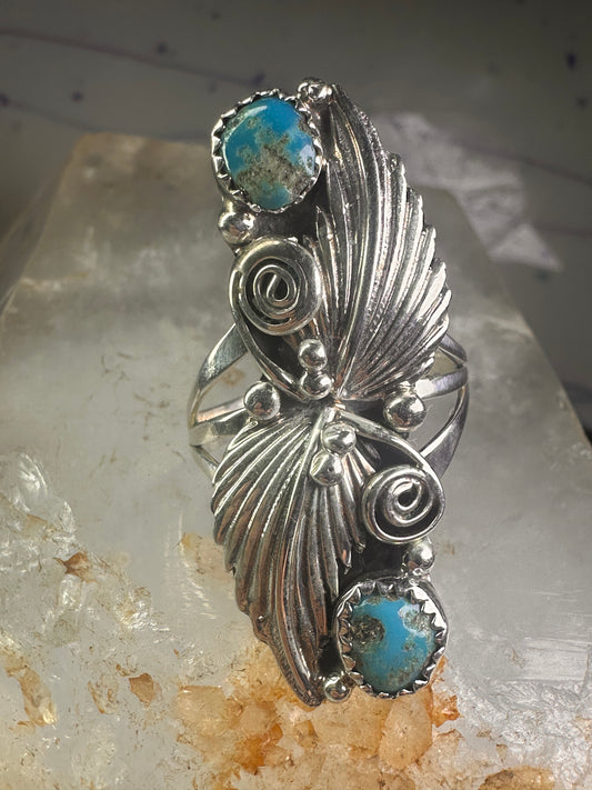 Navajo long ring turquoise squash blossom feathers leaves size 9.75 sterling silver girls women