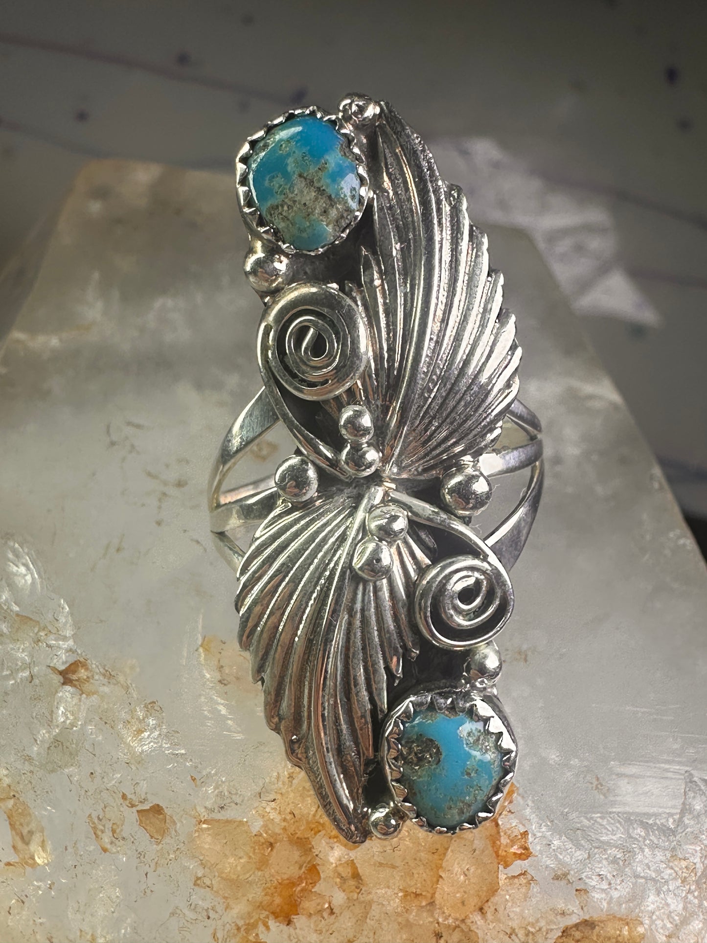 Navajo long ring turquoise squash blossom feathers leaves size 9.75 sterling silver girls women