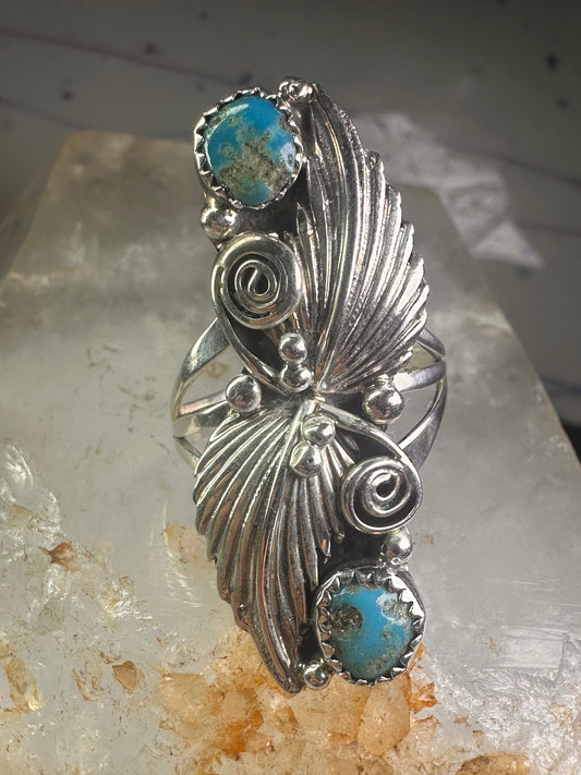 Navajo long ring turquoise squash blossom feathers leaves size 9.75 sterling silver girls women