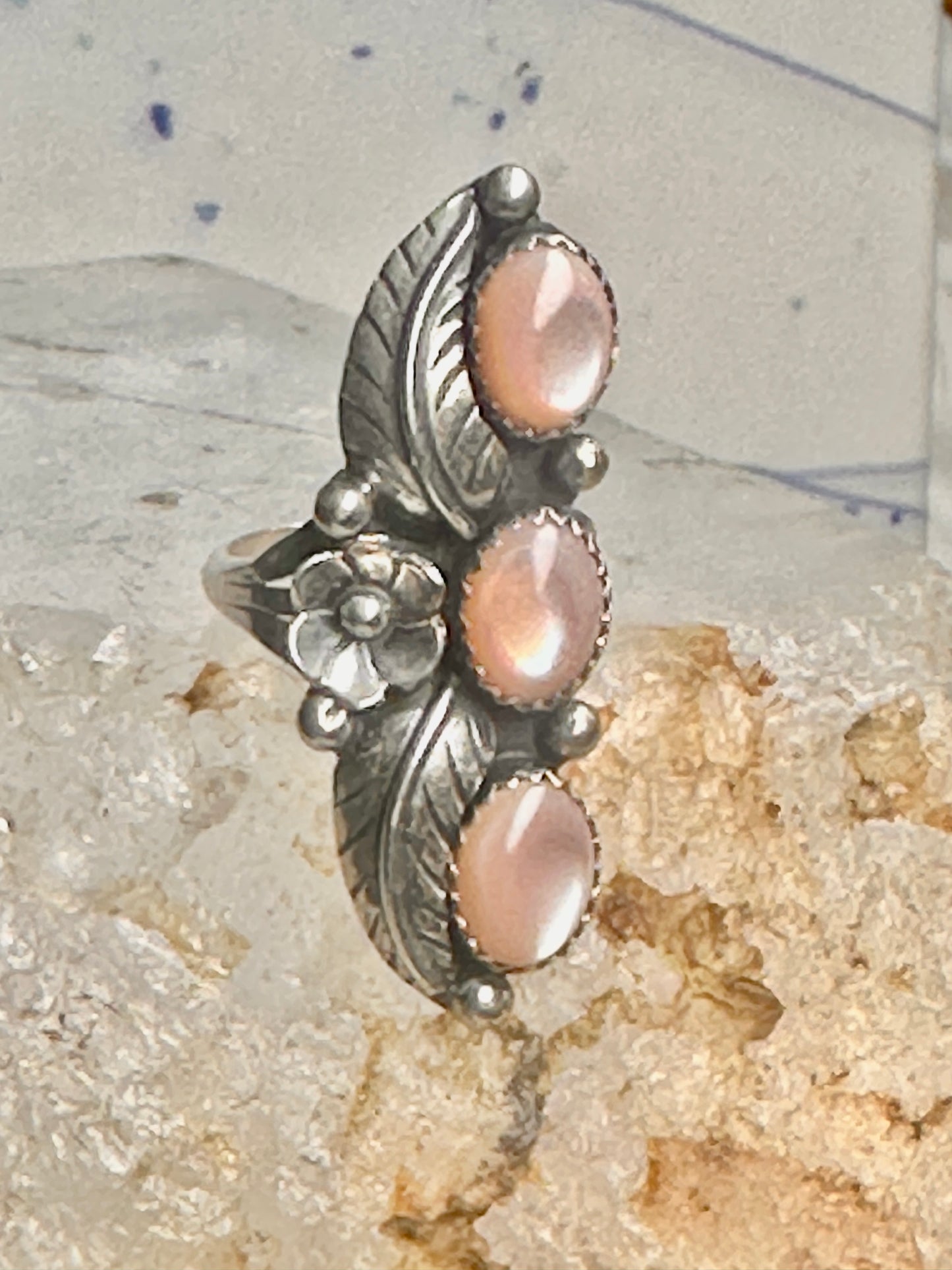 Long Navajo ring size 7 Mother of Pearl squash blossom leaves sterling silver women