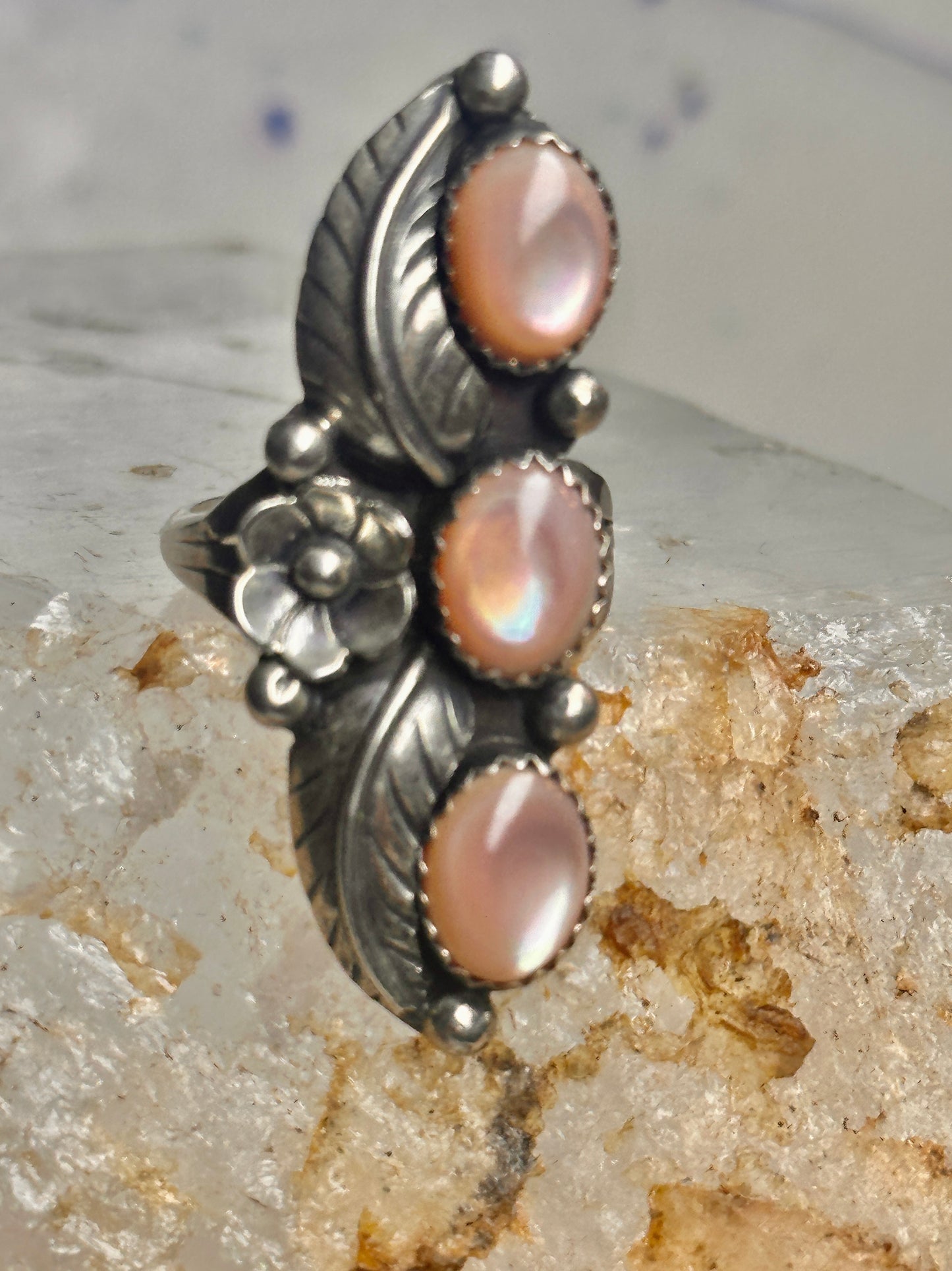 Long Navajo ring size 7 Mother of Pearl squash blossom leaves sterling silver women