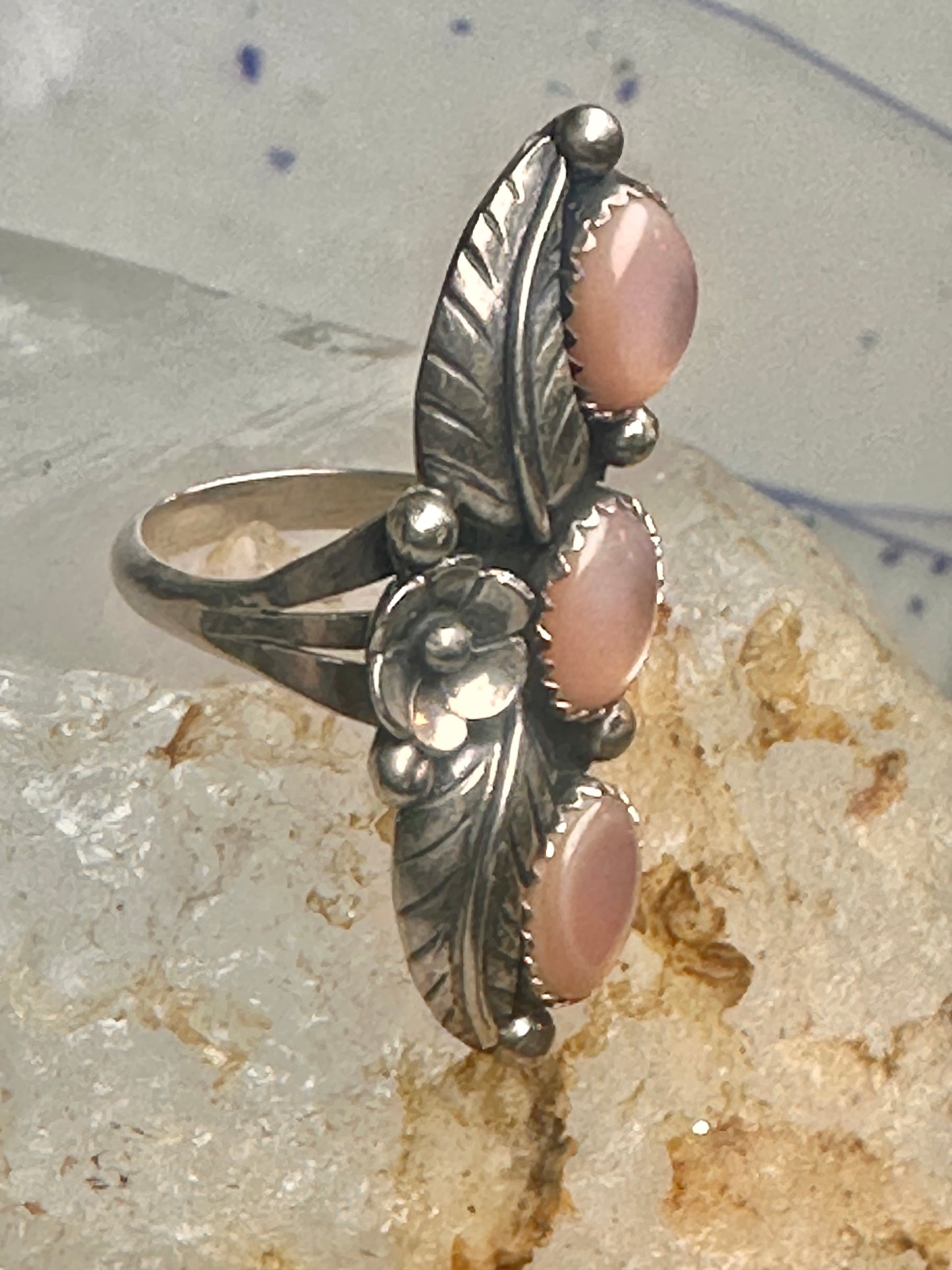 Long Navajo ring size 7 Mother of Pearl squash blossom leaves sterling silver women