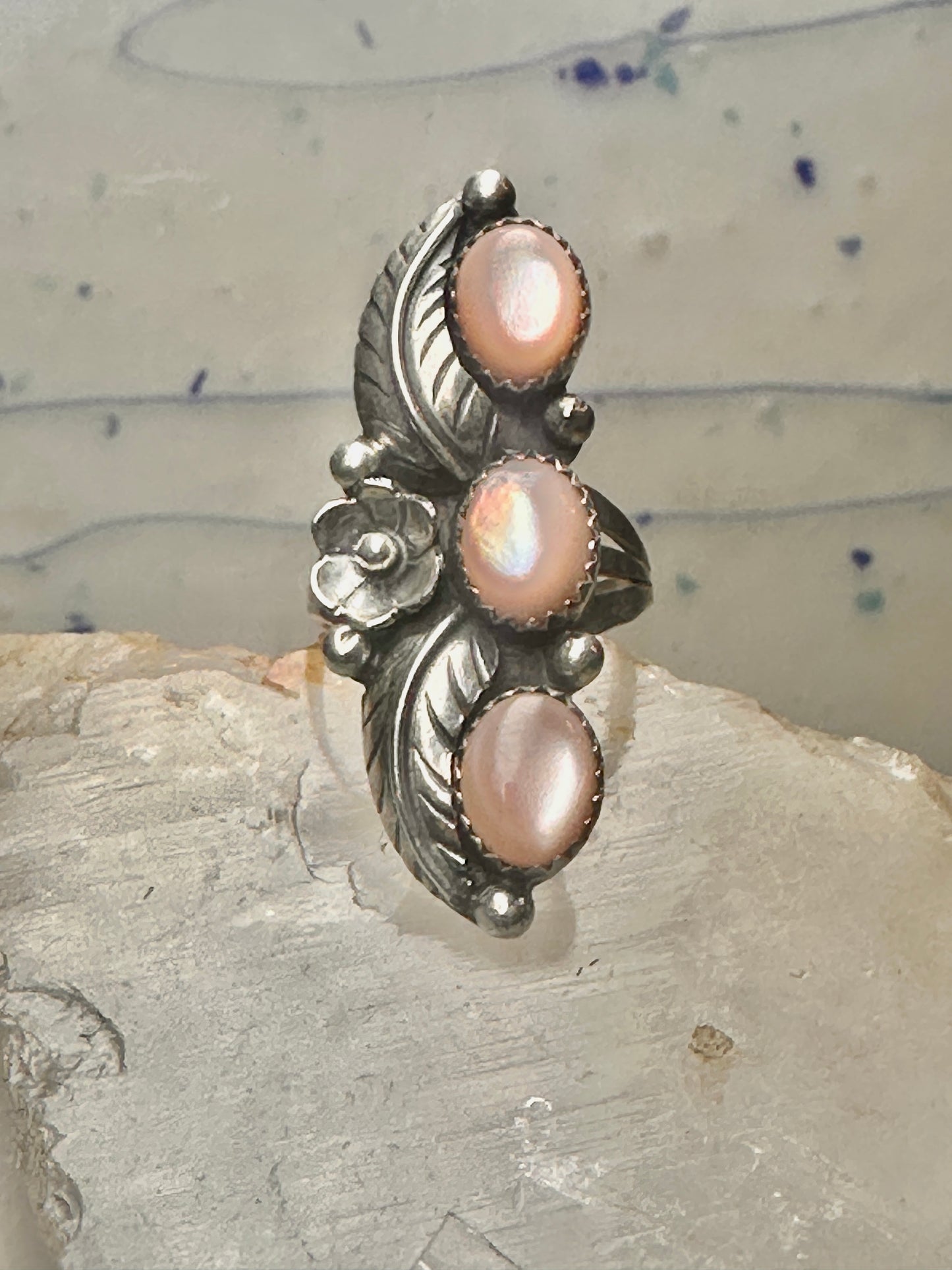 Long Navajo ring size 7 Mother of Pearl squash blossom leaves sterling silver women