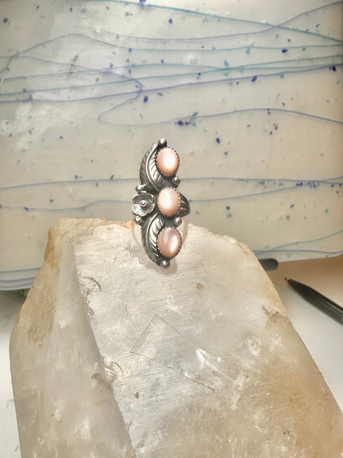 Long Navajo ring size 7 Mother of Pearl squash blossom leaves sterling silver women