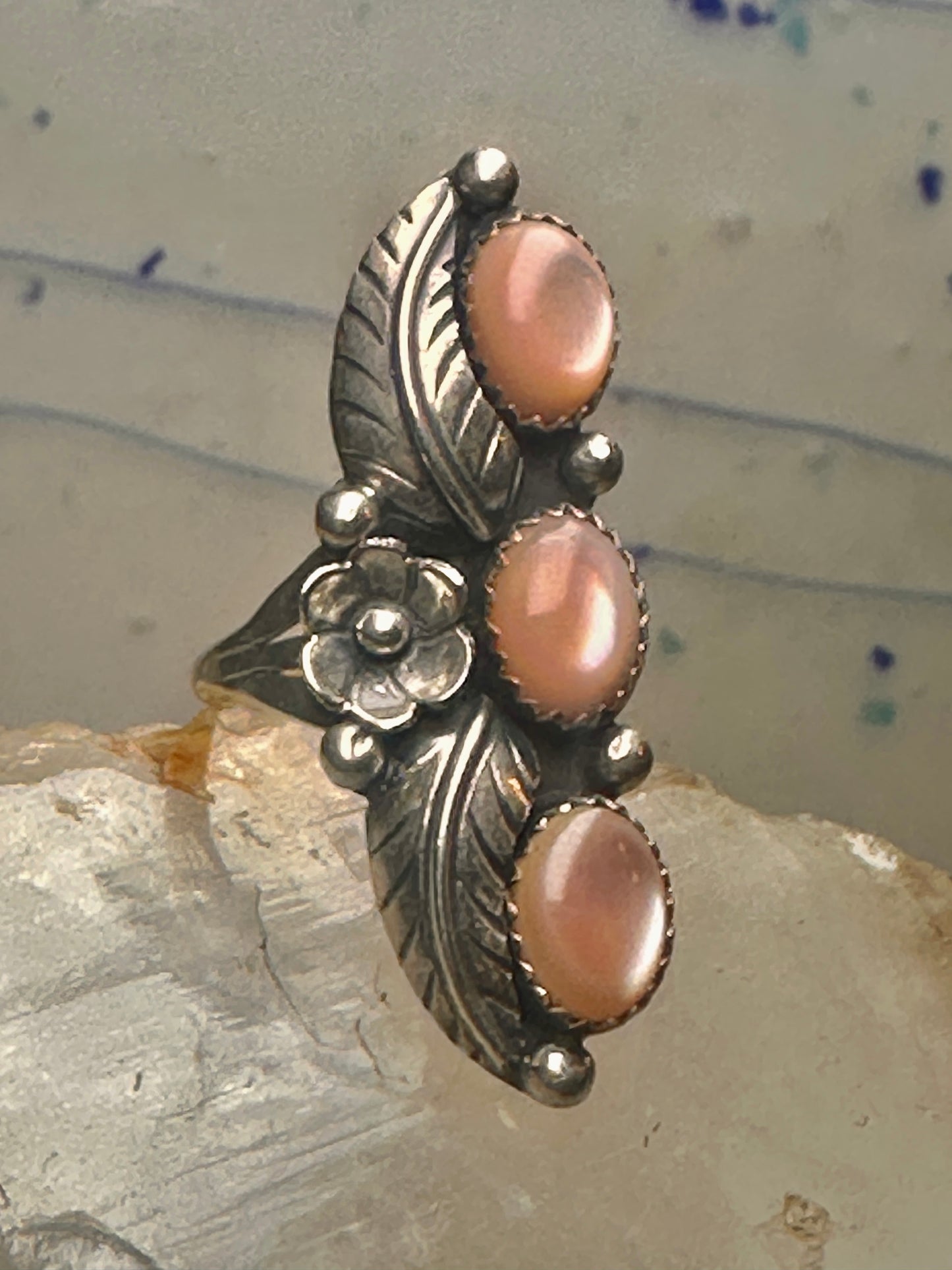 Long Navajo ring size 7 Mother of Pearl squash blossom leaves sterling silver women