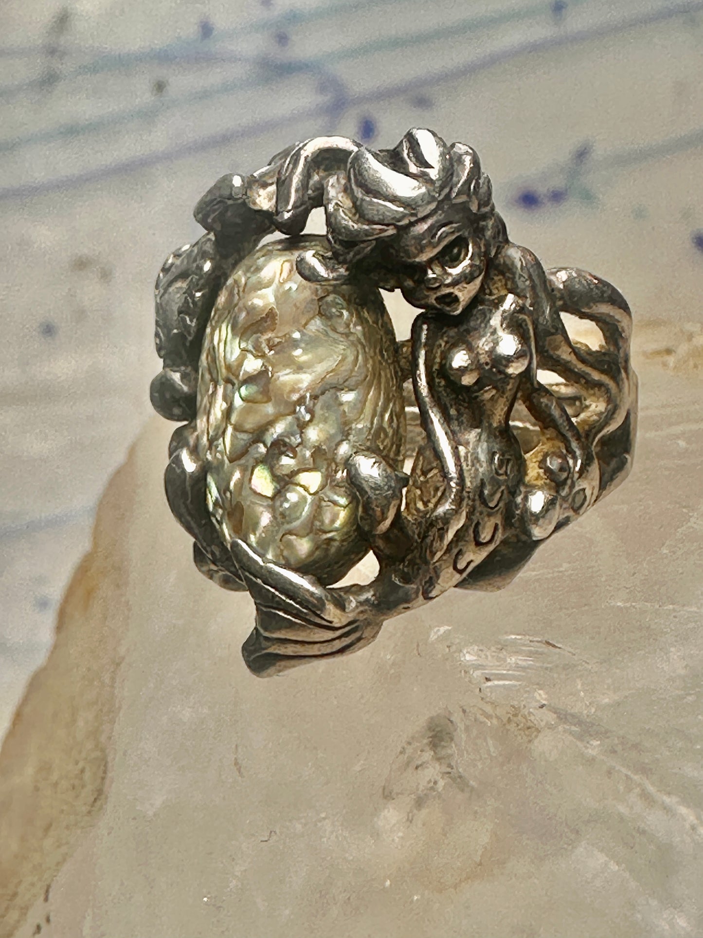 Mermaid ring abalone fish ocean size 5 sterling silver women