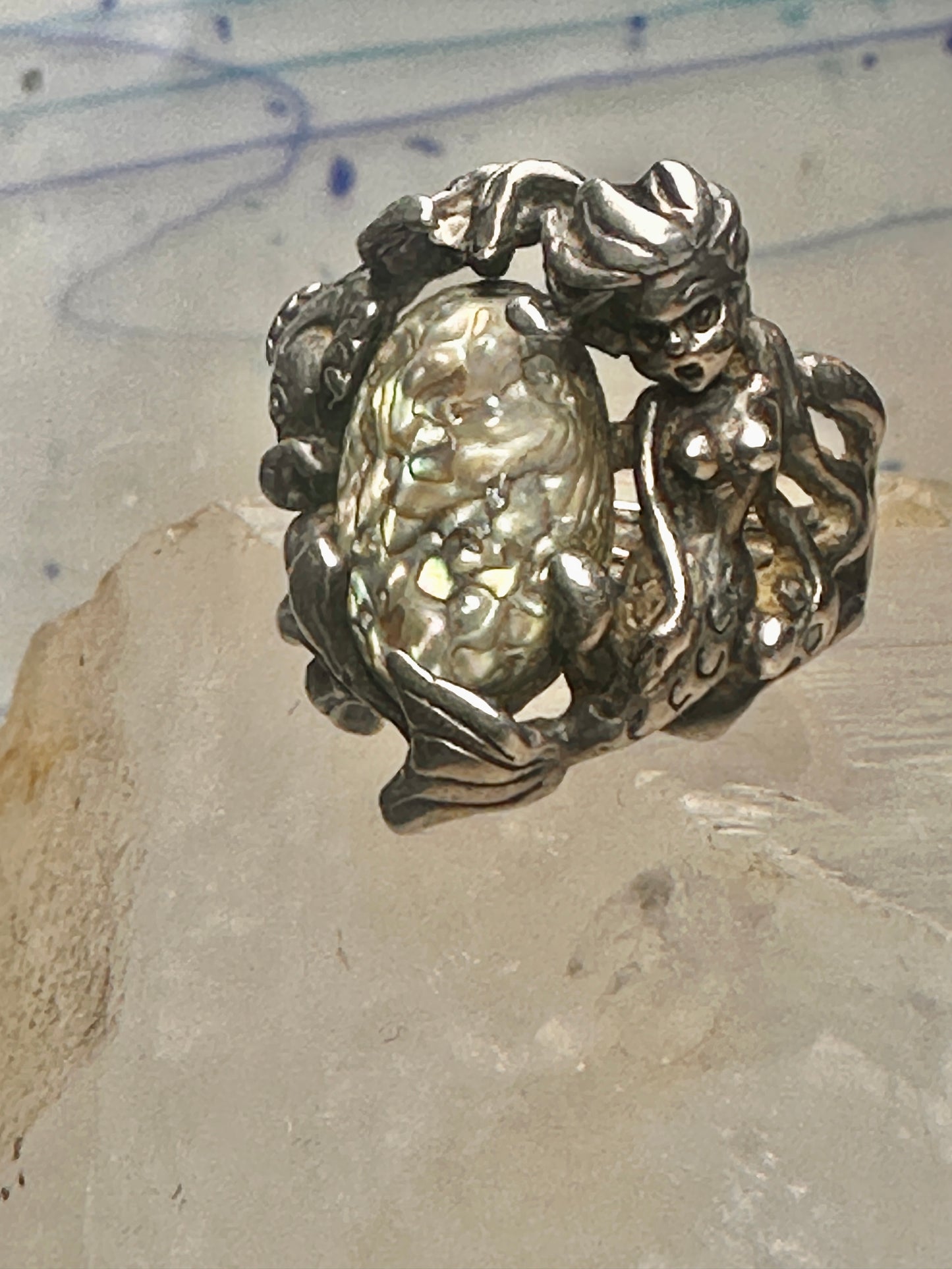 Mermaid ring abalone fish ocean size 5 sterling silver women