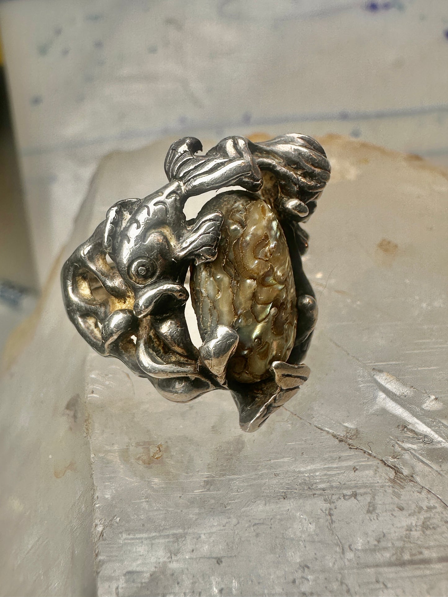 Mermaid ring abalone fish ocean size 5 sterling silver women
