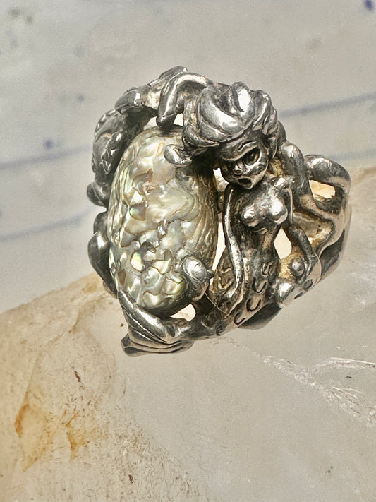 Mermaid ring abalone fish ocean size 5 sterling silver women