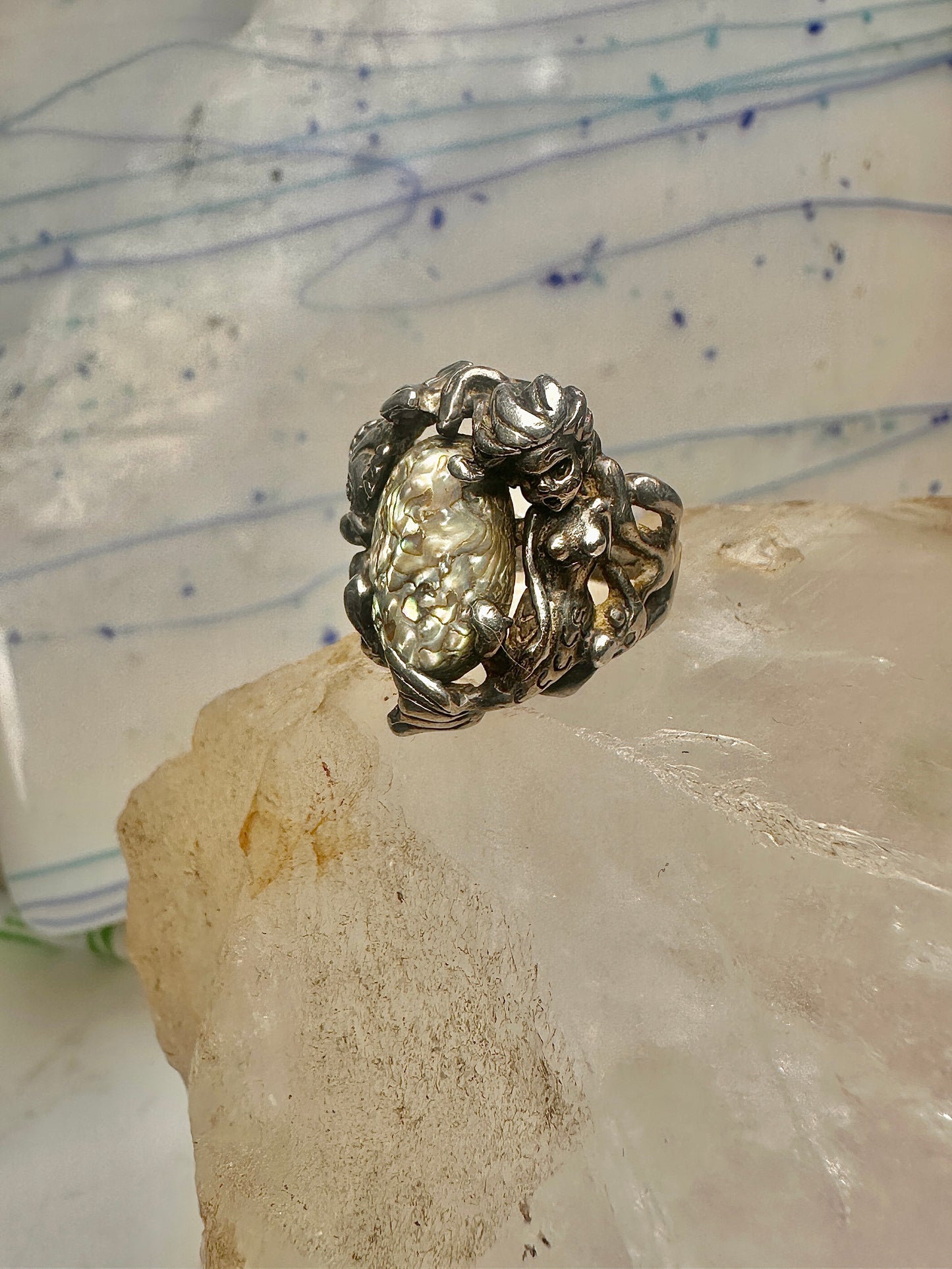 Mermaid ring abalone fish ocean size 5 sterling silver women