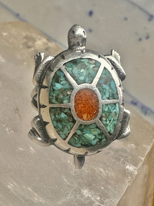 Turtle ring southwest turquoise coral chips size 5 sterling silver women girls
