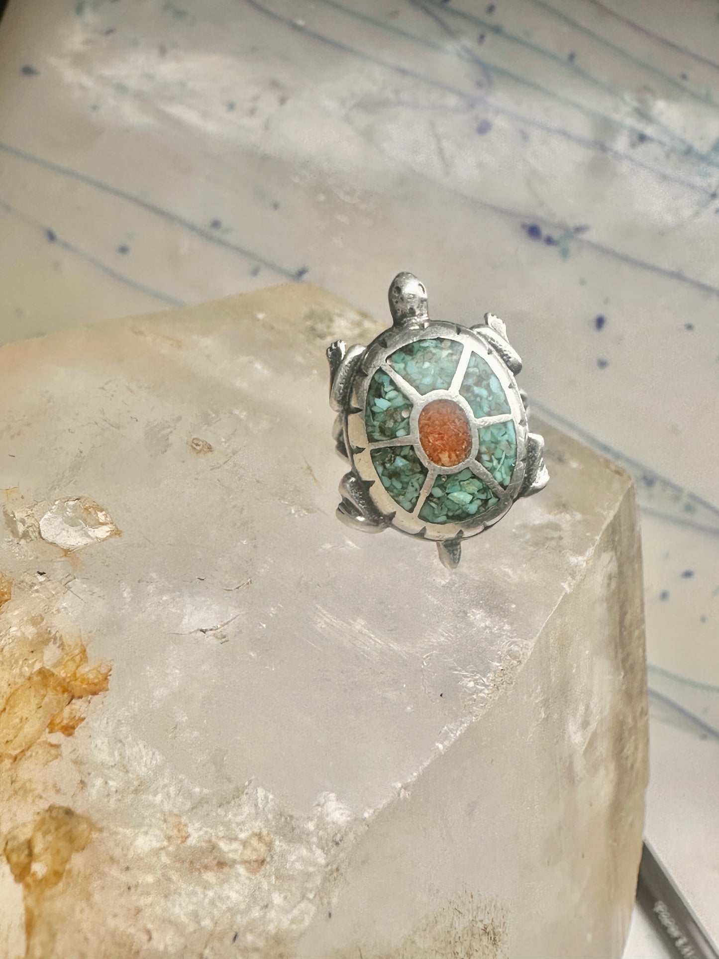 Turtle ring southwest turquoise coral chips size 5 sterling silver women girls