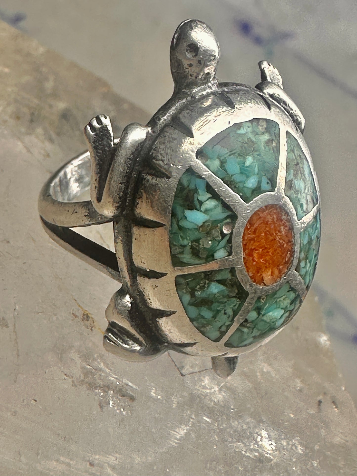 Turtle ring southwest turquoise coral chips size 5 sterling silver women girls