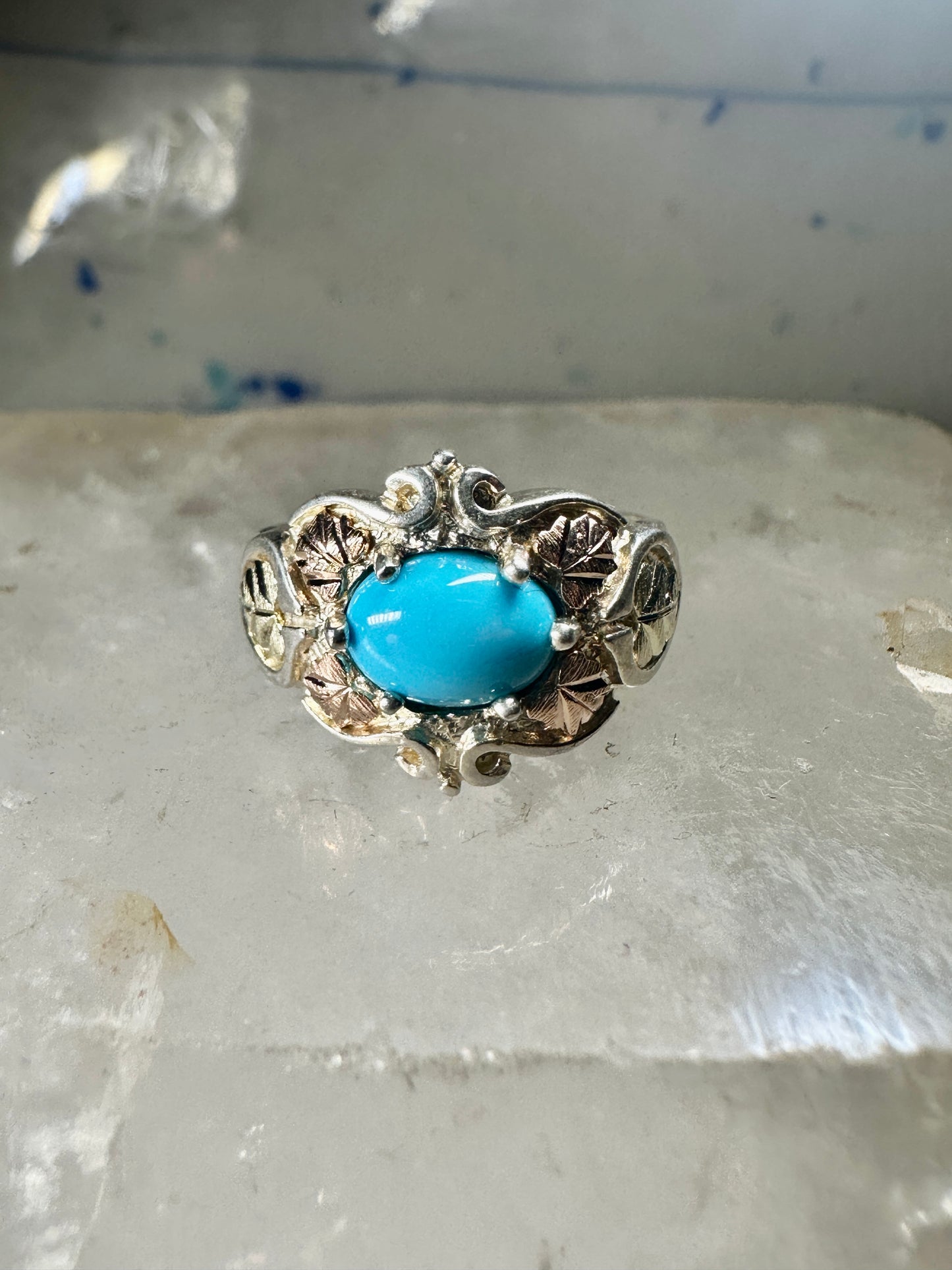 Black Hills Gold ring turquoise floral leaves band size 5.25 sterling silver women