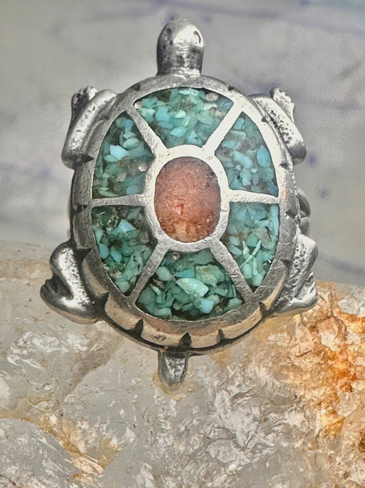 Turtle ring southwest turquoise coral chips size 5 sterling silver women girls