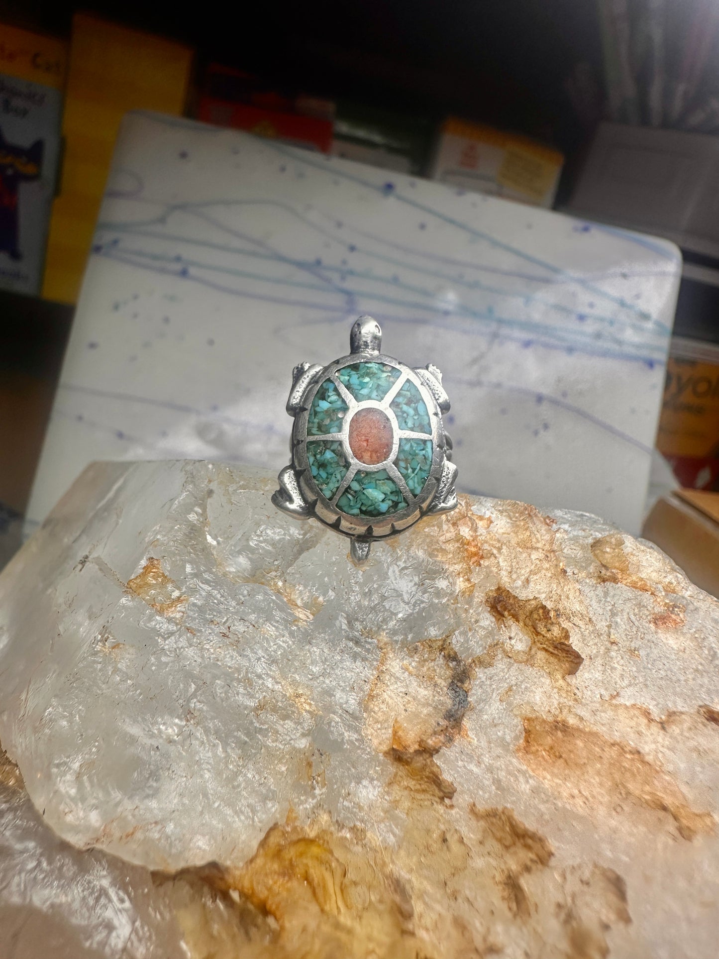 Turtle ring southwest turquoise coral chips size 5 sterling silver women girls