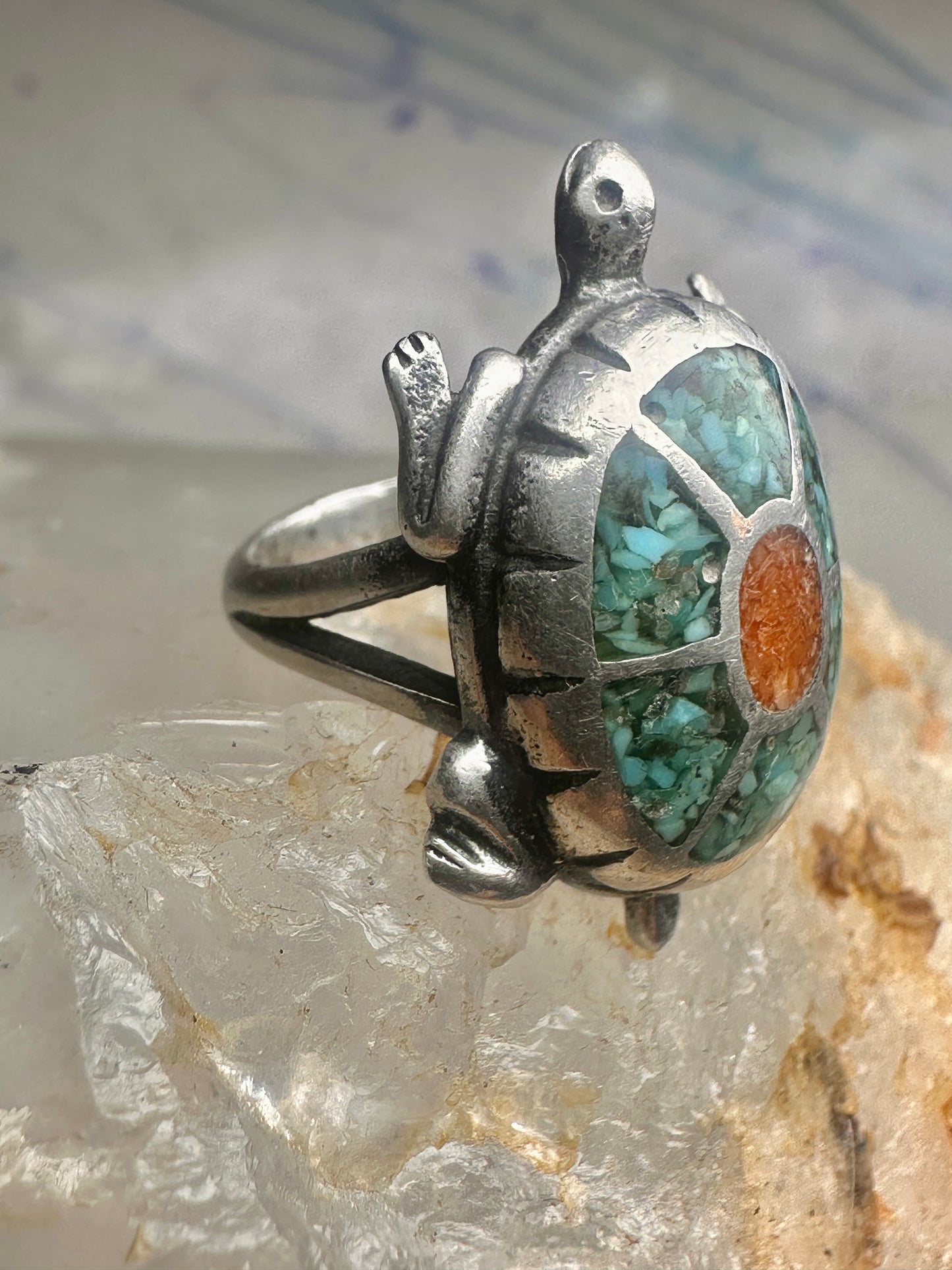 Turtle ring southwest turquoise coral chips size 5 sterling silver women girls