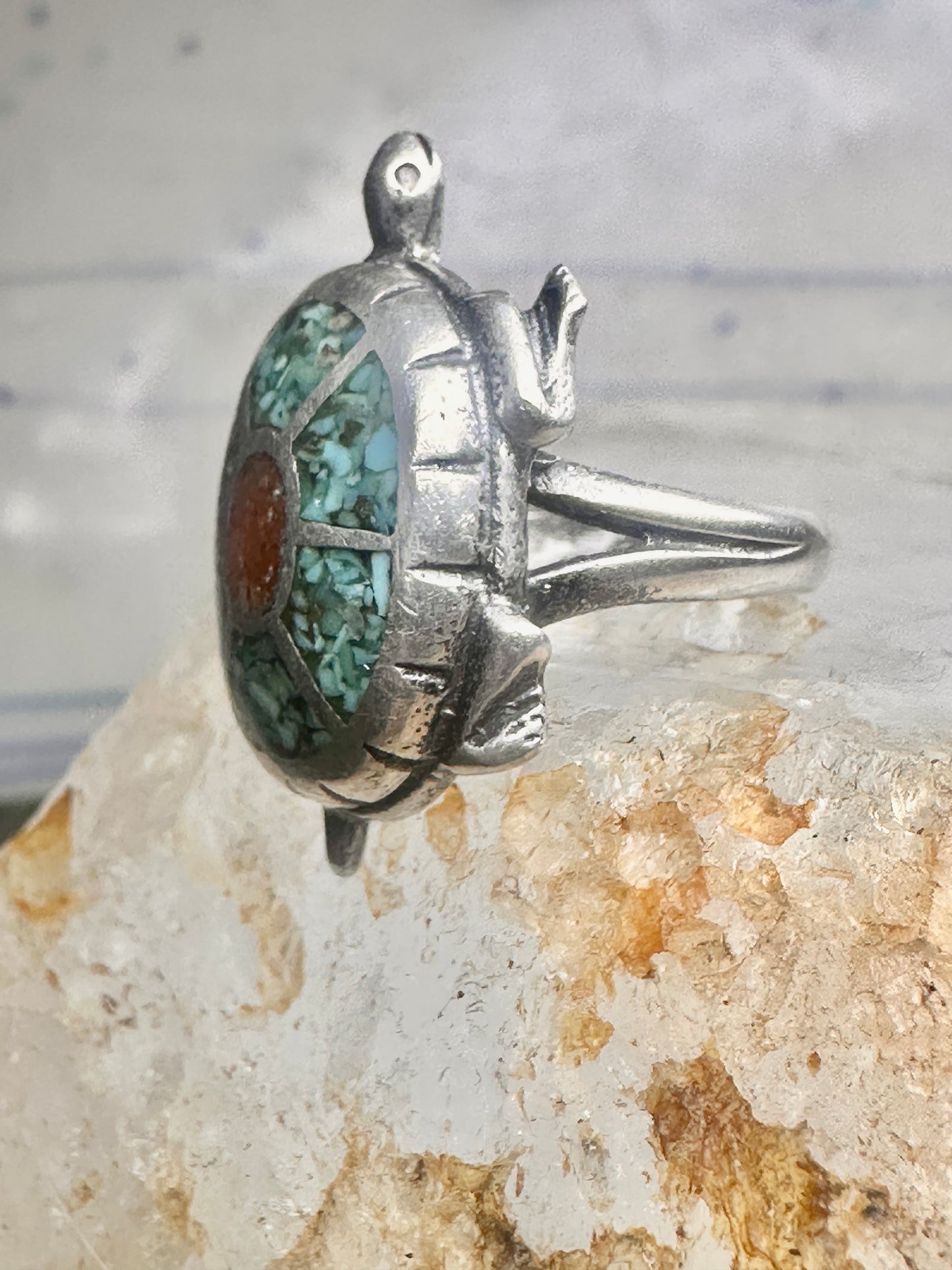 Turtle ring southwest turquoise coral chips size 5 sterling silver women girls