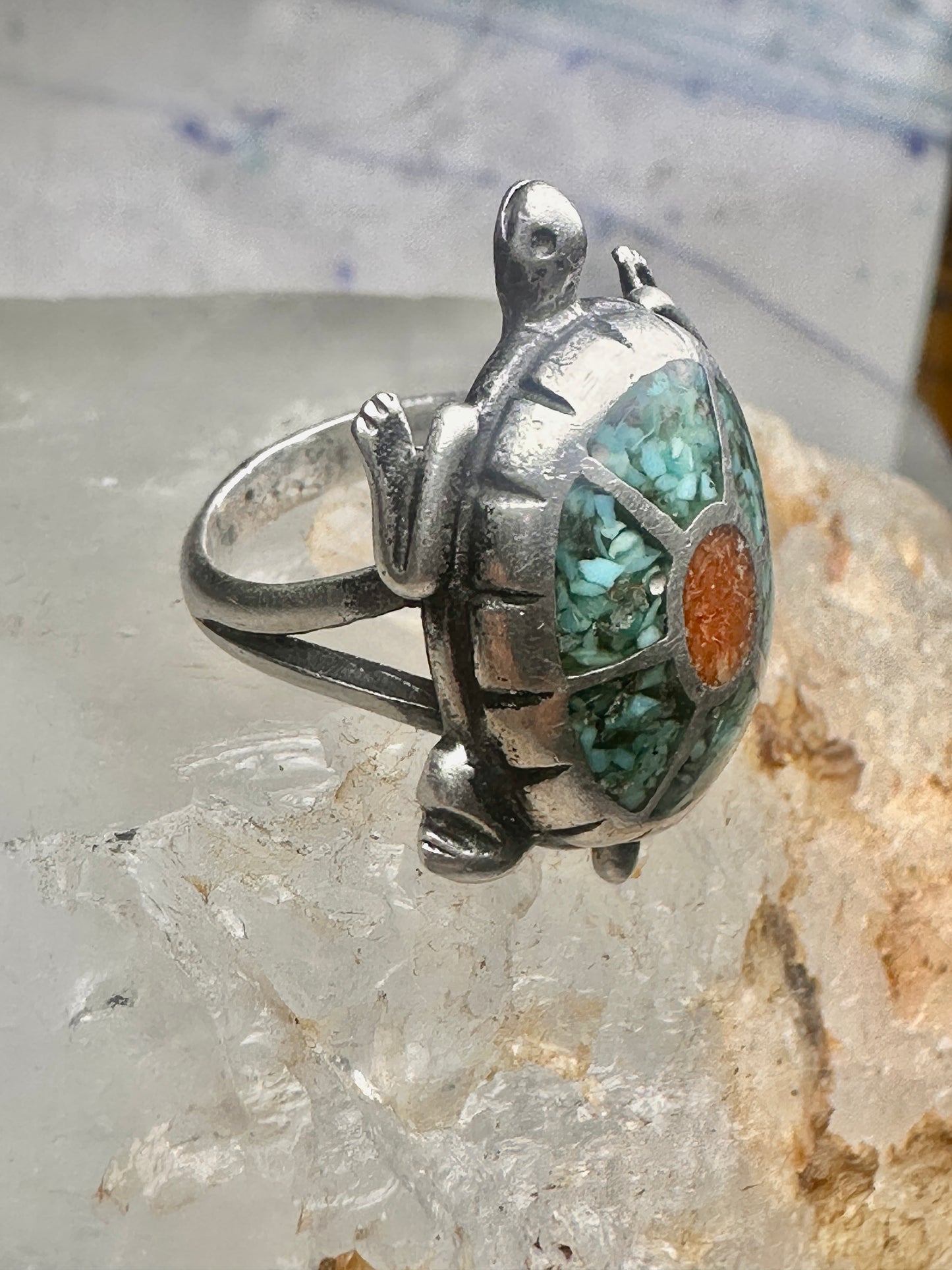 Turtle ring southwest turquoise coral chips size 5 sterling silver women girls