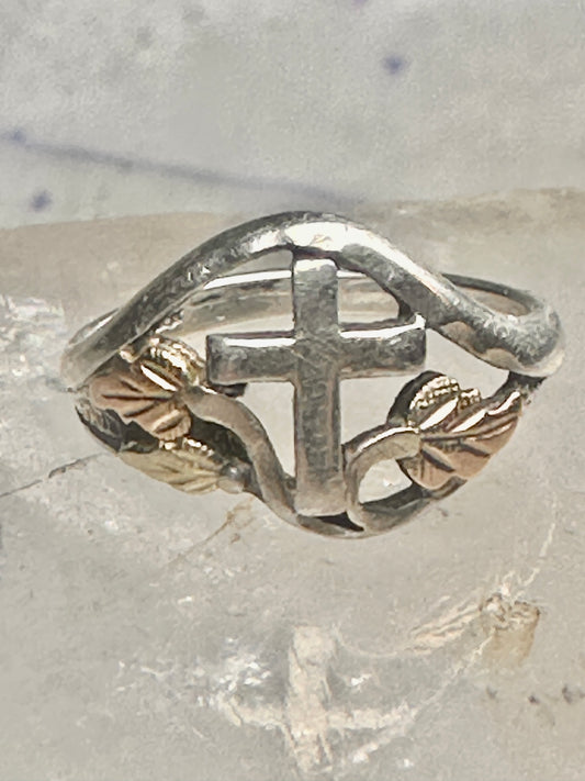 Black Hills Gold ring Cross Religious leaves floral band pinky size 4.7 sterling silver women
